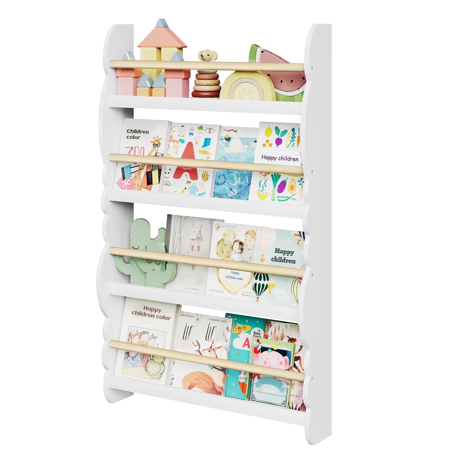 WOLTU Kids Bookcase, Wall Shelf, 4-Tier Children's Bookshelf, Storage Display Rack, Wooden Book Organiser for Children's Room, Cloud-shape, White