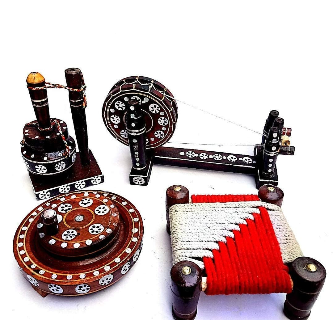 Wooden Punjabi Culture Showpiece Full Set Charkha, Chakki, Madhani, Peedi Full Set