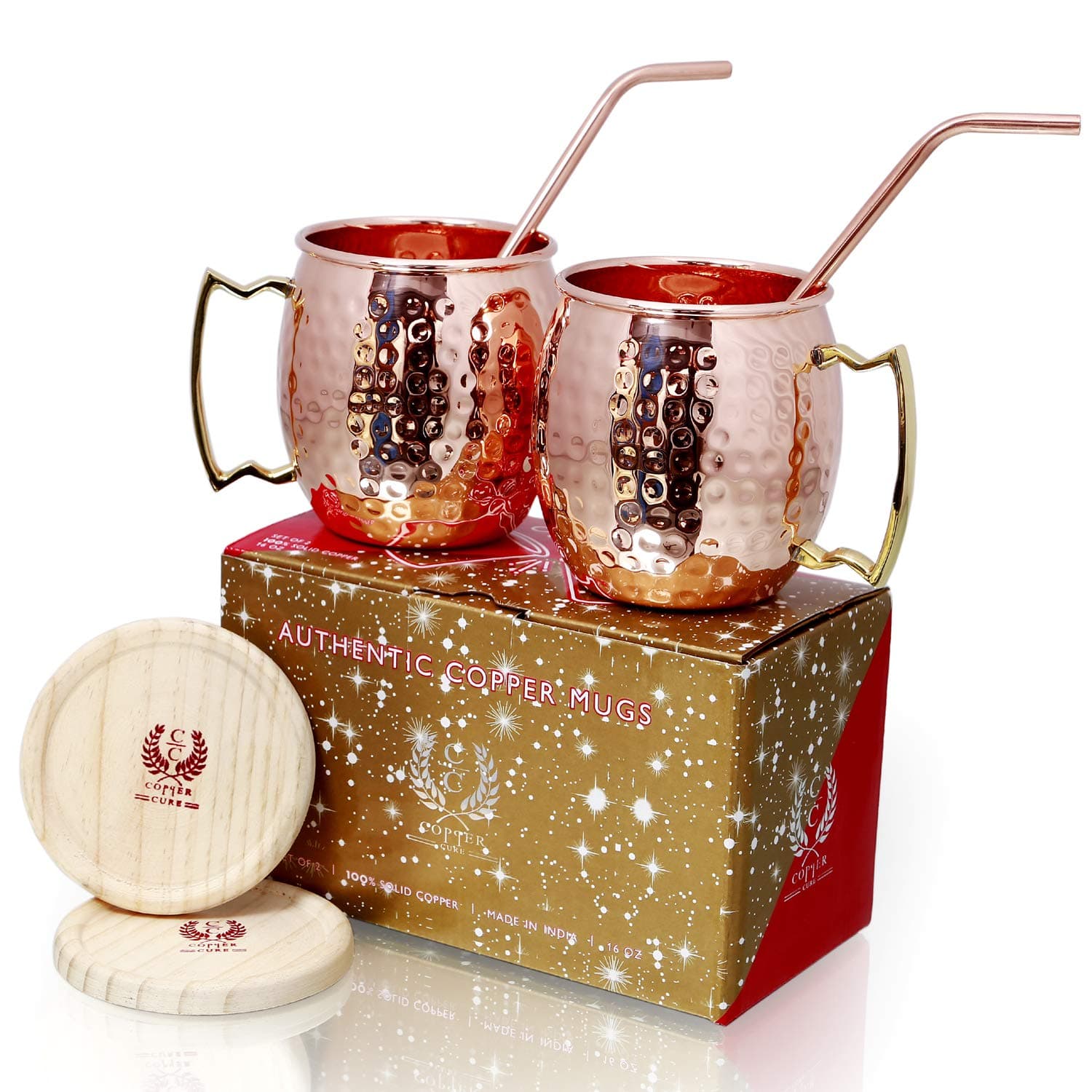 Copper Cure Pure Copper Mugs -100% Handcrafted Copper Cups - Hammered Copper With Copper Straws & Wooden Coasters - Gift Set