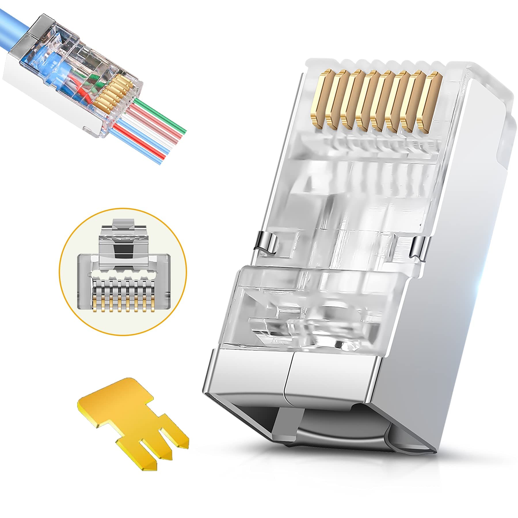 Shielded RJ45 Cat6 Cat 6A Connectors - Pass Through Connector Gold Plated 3 Prong 8P8C Modular Plugs for FTP/STP Stranded Ethernet Cable & Solid Wire - 50 Pcs/Jar