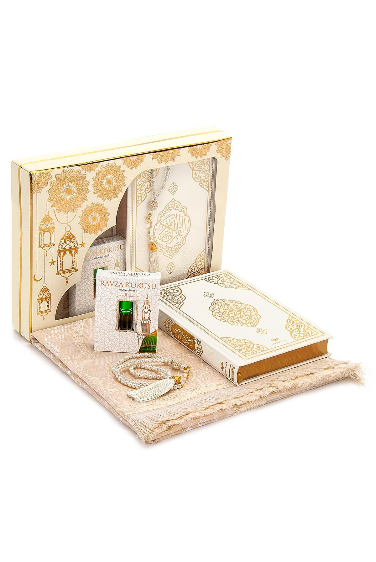 ihvan online Prayer Gift Box for Hajj and Umrah, Prayer Rug, Beads, Quran, Deluxe Set for Ramadan & Eid Gift, White / Set 2