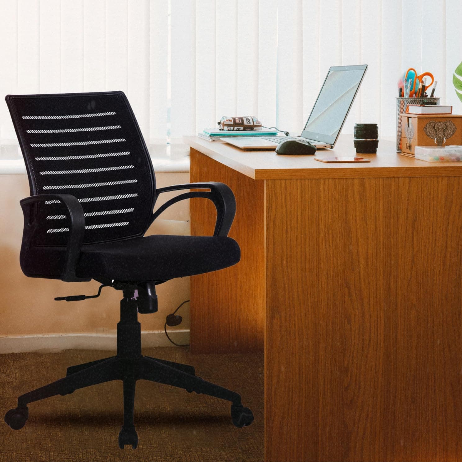 Qurcee Alpine ComfortMax ErgoFlex: Black Medium Back Mesh Chair with 3-Year Warranty Mid Back Office Chair for Work from Home/Study Chair/Revolving Chair [Heavy Duty Nylon Base, Black]