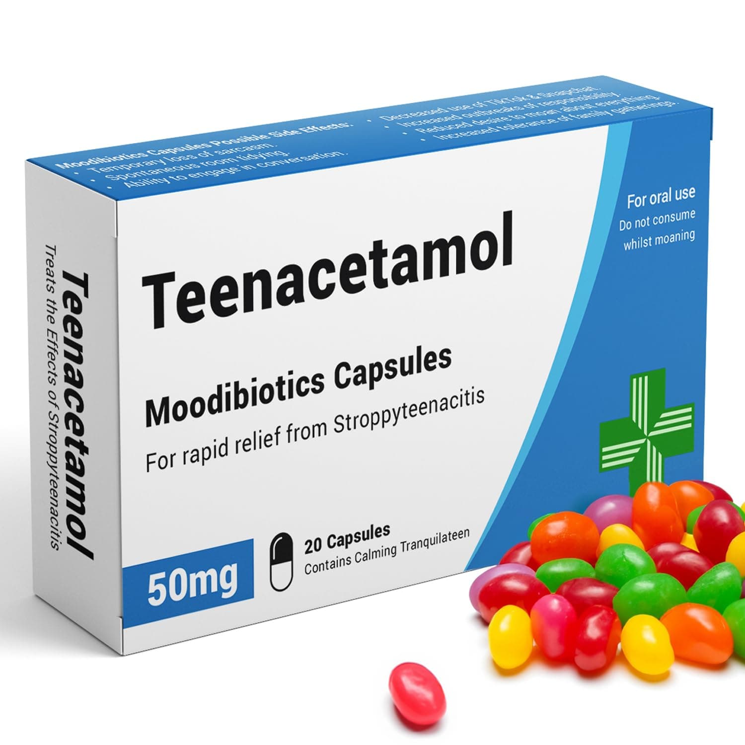 Teenacetamol - Joke Pill Box, Jelly Beans Sweets 50g, Funny Gifts for Teen Boys & Girls -13th, 16th, 17th, 18th Birthday. Vegan