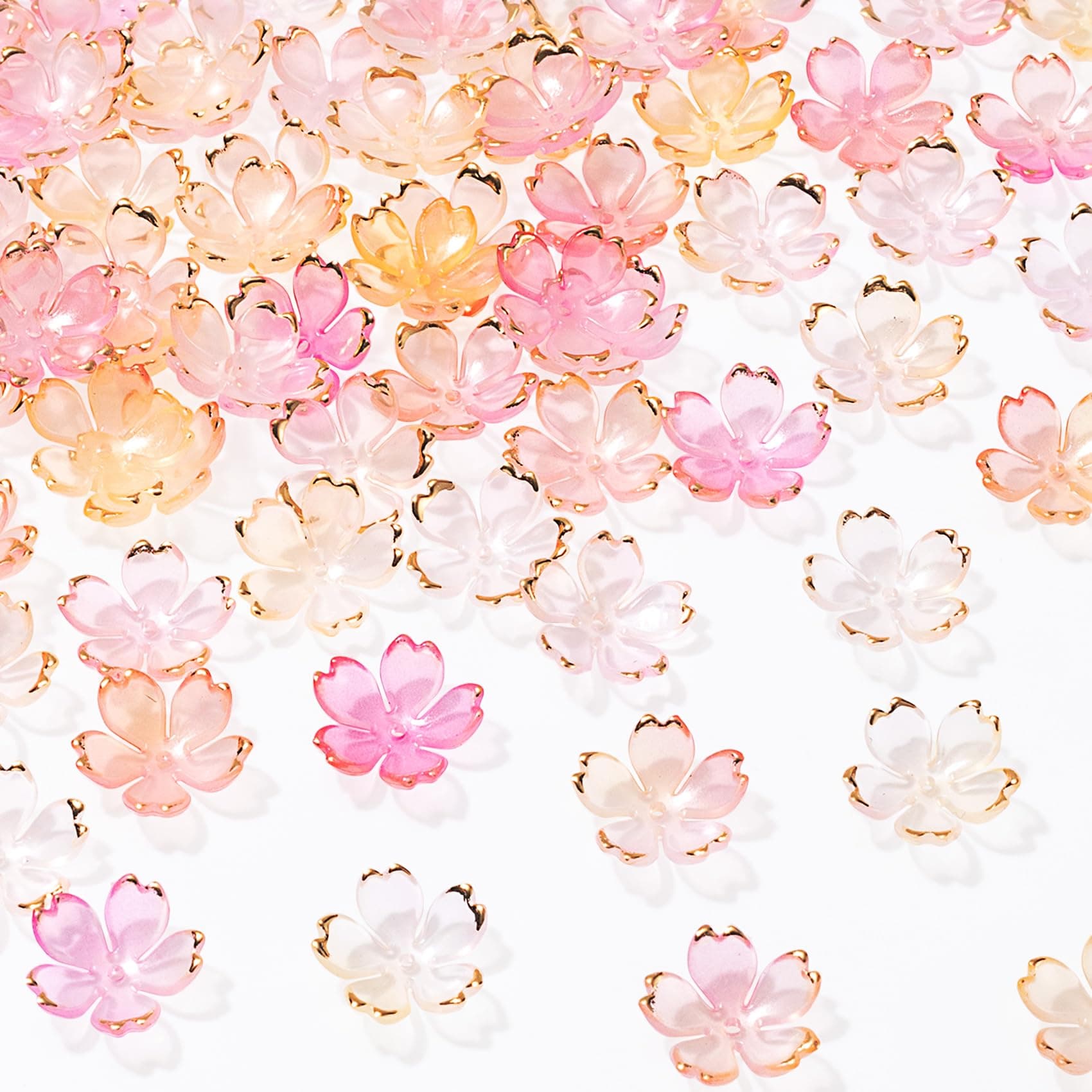 100Pcs Pink Gradient Cherry Blossom Beads, 5-Petal Acrylic Flower Beads, Gold-Plated Mini Spacer Beads Charms Halloween Christmas for Bracelets Jewelry Making