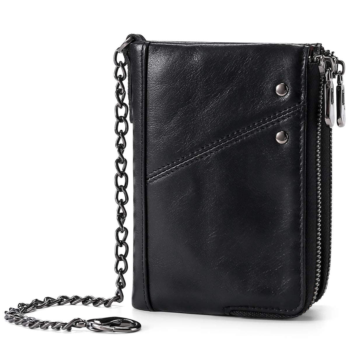 AilederMens RFID Blocking Wallet with Chain Real Leather Double Zipper Bifold Wallet Multi Card Holder Purse (Black)