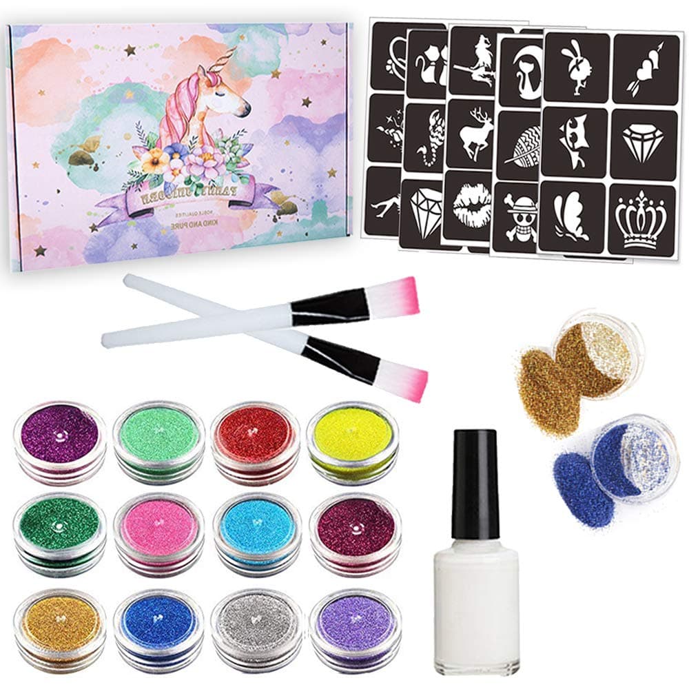 Glitter Tattoo Kit Art Glitter Glue Applicator Face Glitter Painting Kits 12 Color Powder Glitter Pens with 30 Fashion Cute Puppy Cat Rose Face Glitter Stickers for Kids