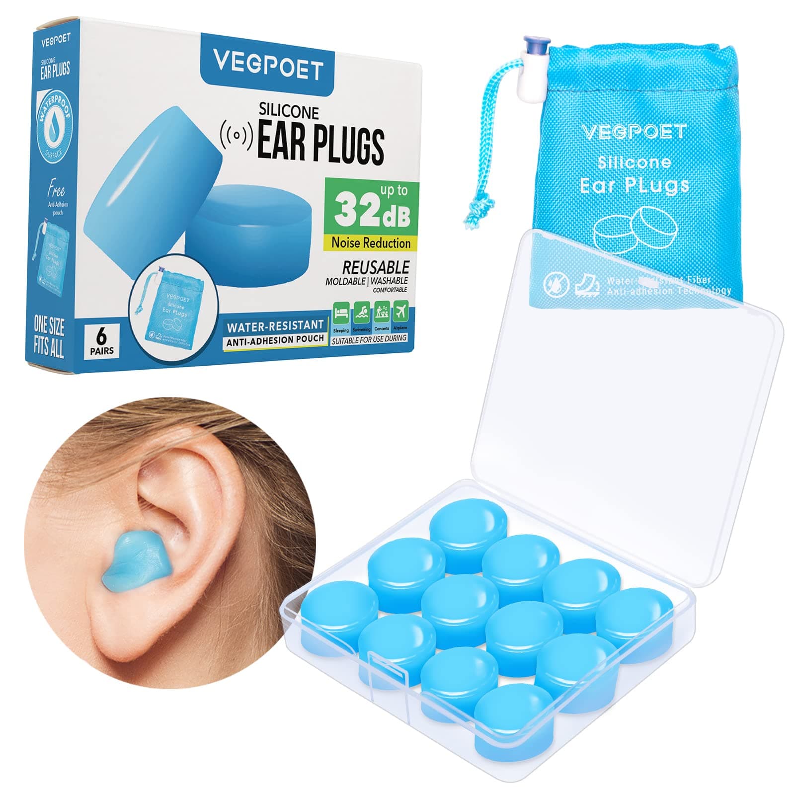 Ear Plugs for Sleeping - Reusable Moldable Silicone Earplugs Noise Cancelling Reduction for Concerts, Swimming, Shooting, Snoring, Airplane, Musicians, Motorcycle, 12 Pack