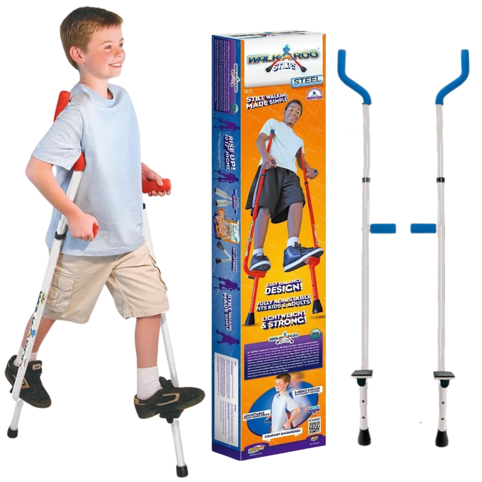 Geospace Adjustable Walkaroo Steel Stilts for Kids - Indoor/Outdoor Play, Exercise, Steel Stilts for Adults- Up to 220 lbs, Height Adjustable Walking Stilts, Kids Stilts -White