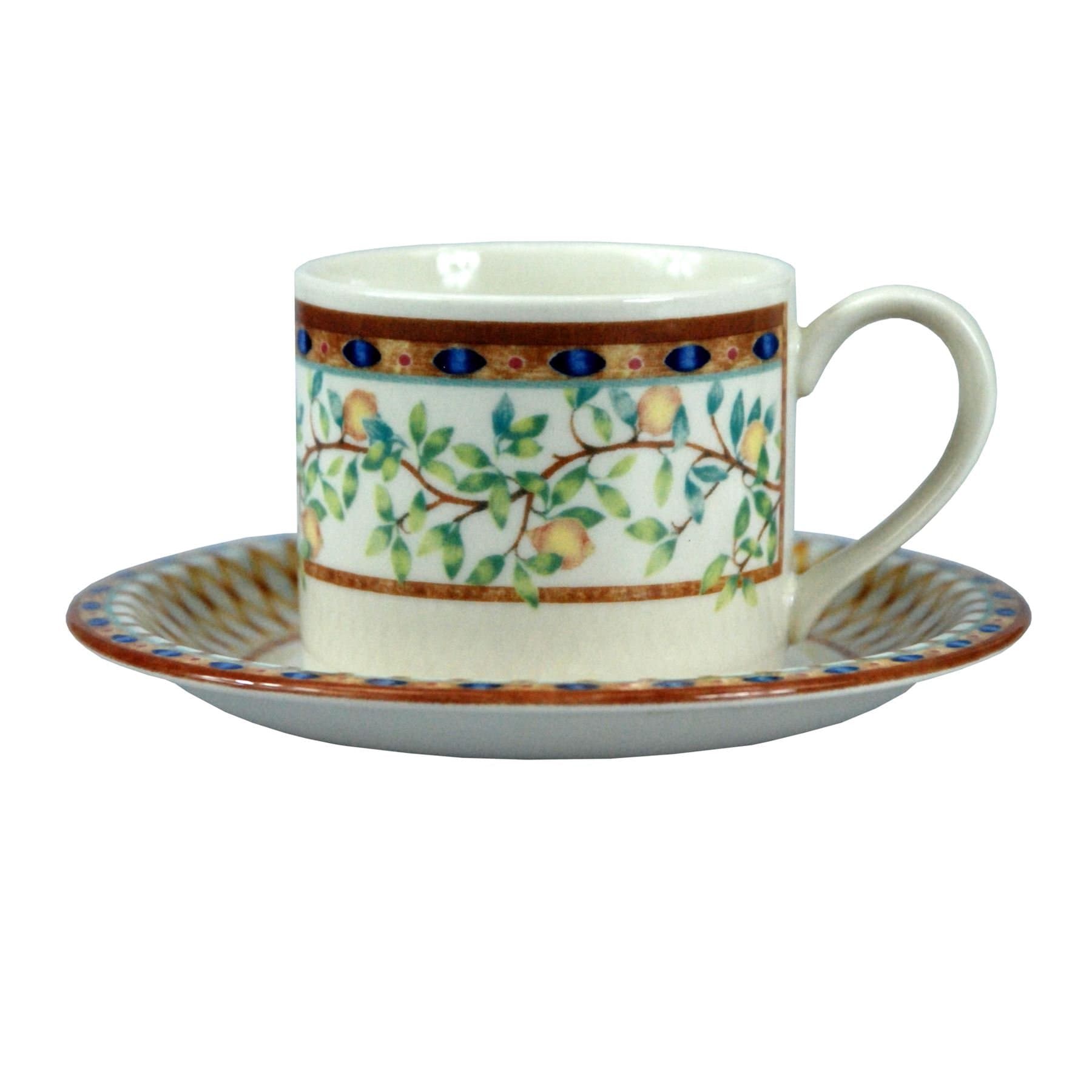 6 x Lemon Tree Porcelain Coffee Cup & Saucer Set Tesco Home Ware 0.25L Capacity Cups Saucers 14cm Diameter - Dishwasher, Freezer & Microwave Safe
