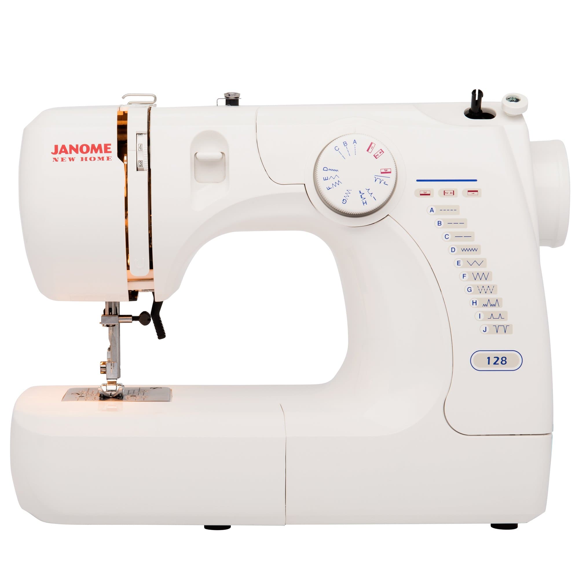 Janome Basic Easy-to-Use 128 Sewing Machine with Interior Metal Frame, Front Loading Bobbin, Compact and Portable