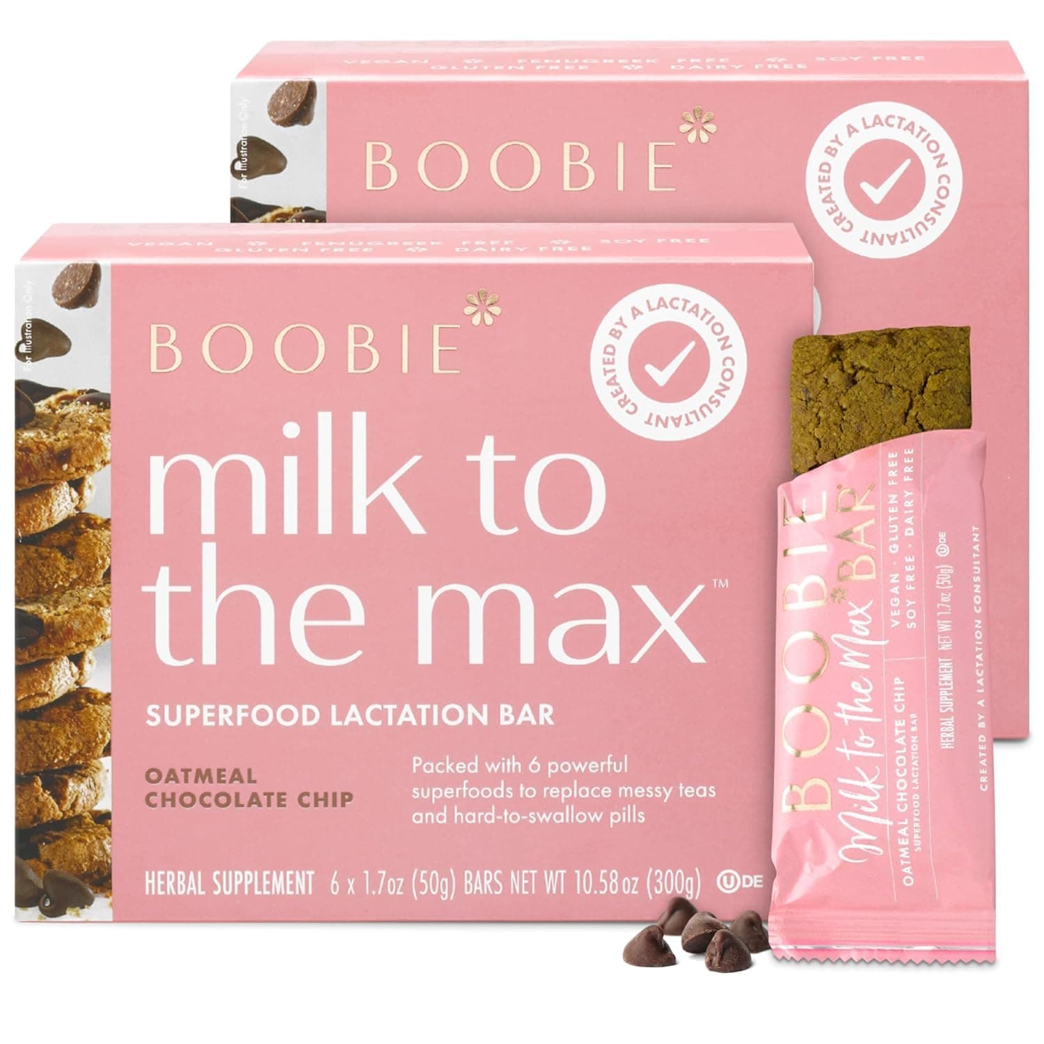 Boobie Superfood Oatmeal Chocolate Chip Cookie Lactation Bar for Breastfeeding Moms to Increase Milk Supply | #1 Selling Lactation Snack Bars | Vegan, Fenugreek-Free, Gluten-Free, Dairy-Free (12 Bars)