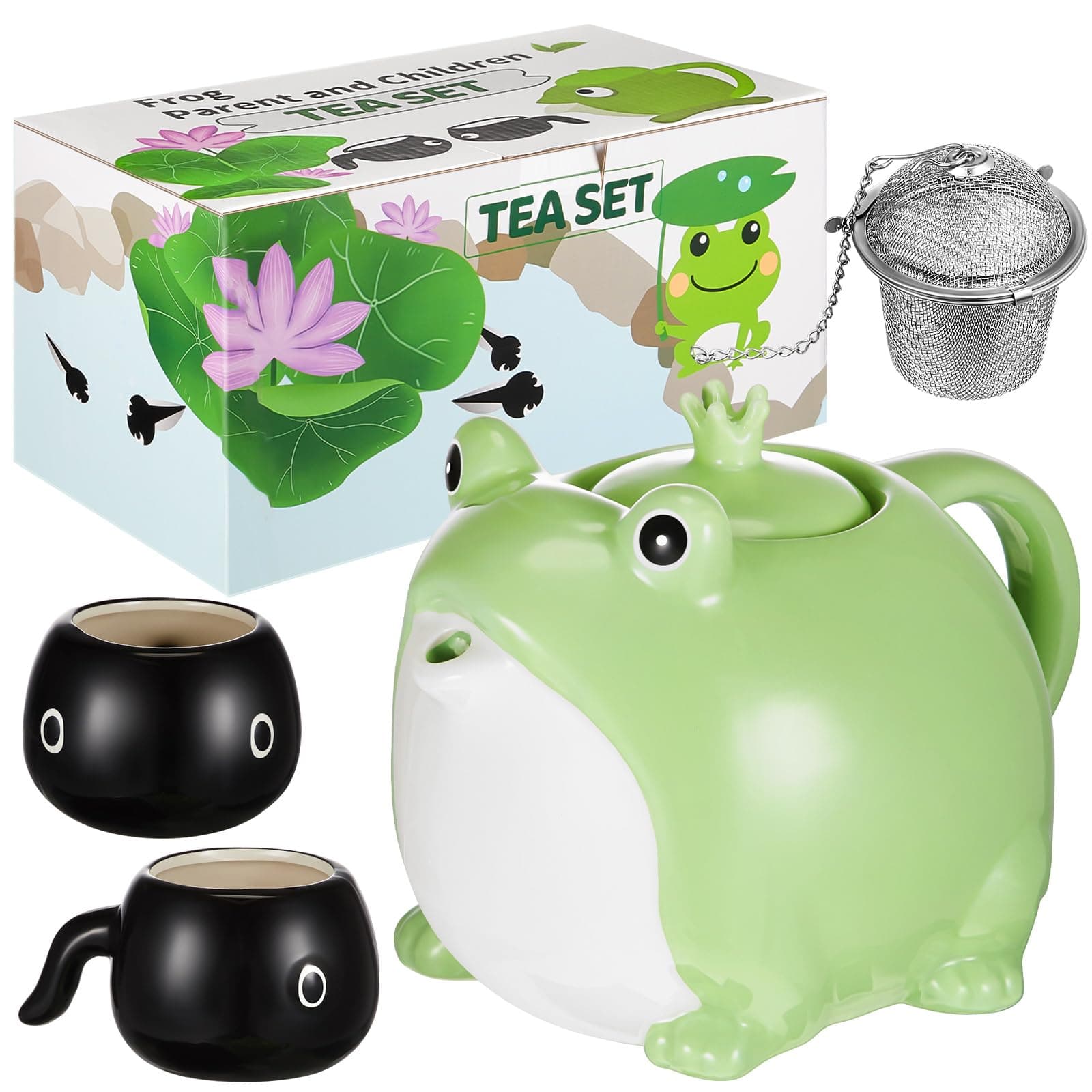 Cute Tableware Japanese Tea Set Frog Teapot Teacup 30 oz Ceramic Cute Tea Pot with 2 Pcs 5 oz Tea Cups and 1 Pcs Filter Cute Tea Service Set Frog Gifts for Women