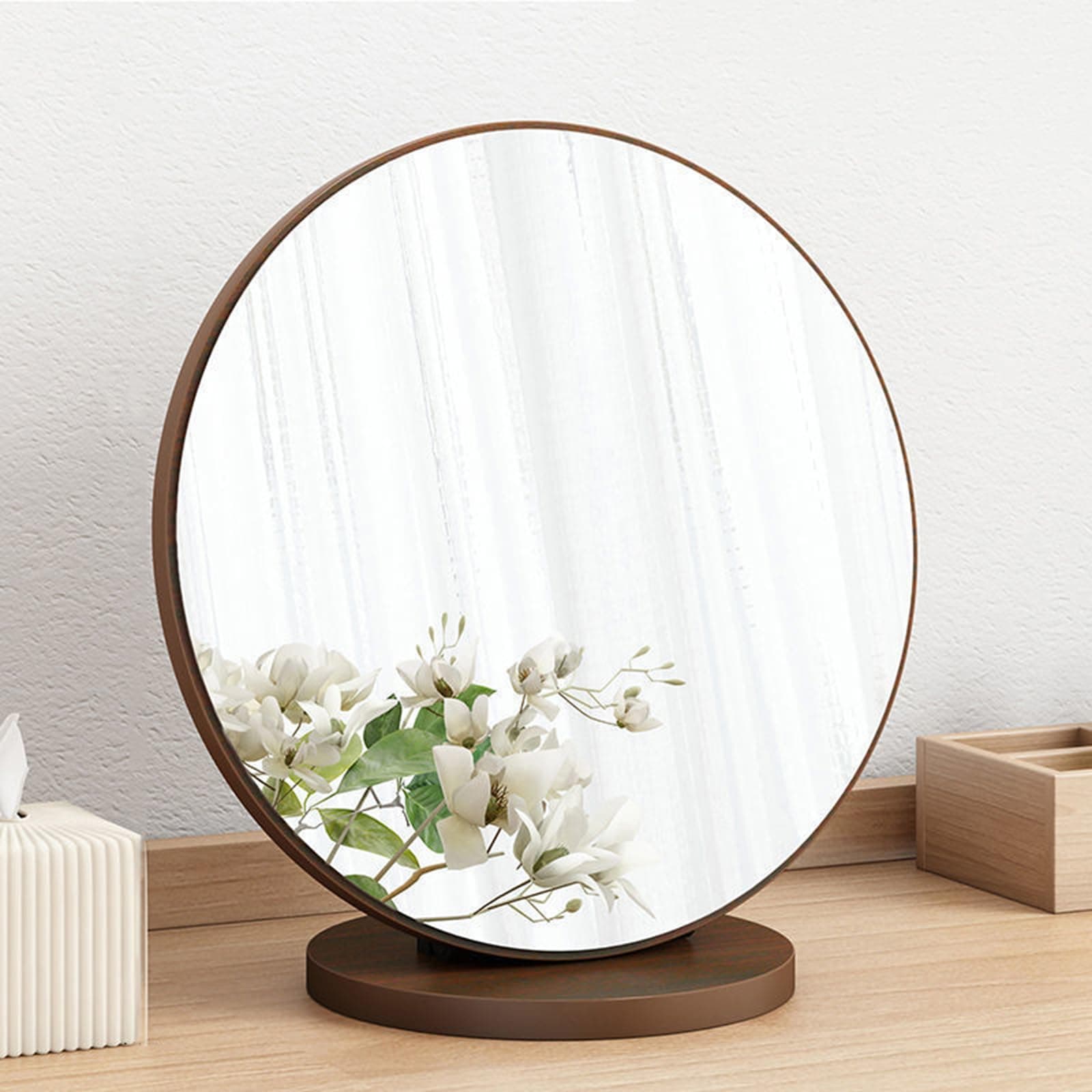 Wooden Makeup Mirror, 90° Adjustable Tabletop Vanity - High-Definition Desk, Round Dressing Table - Portable & Removable for Makeup, Bedroom & Travel