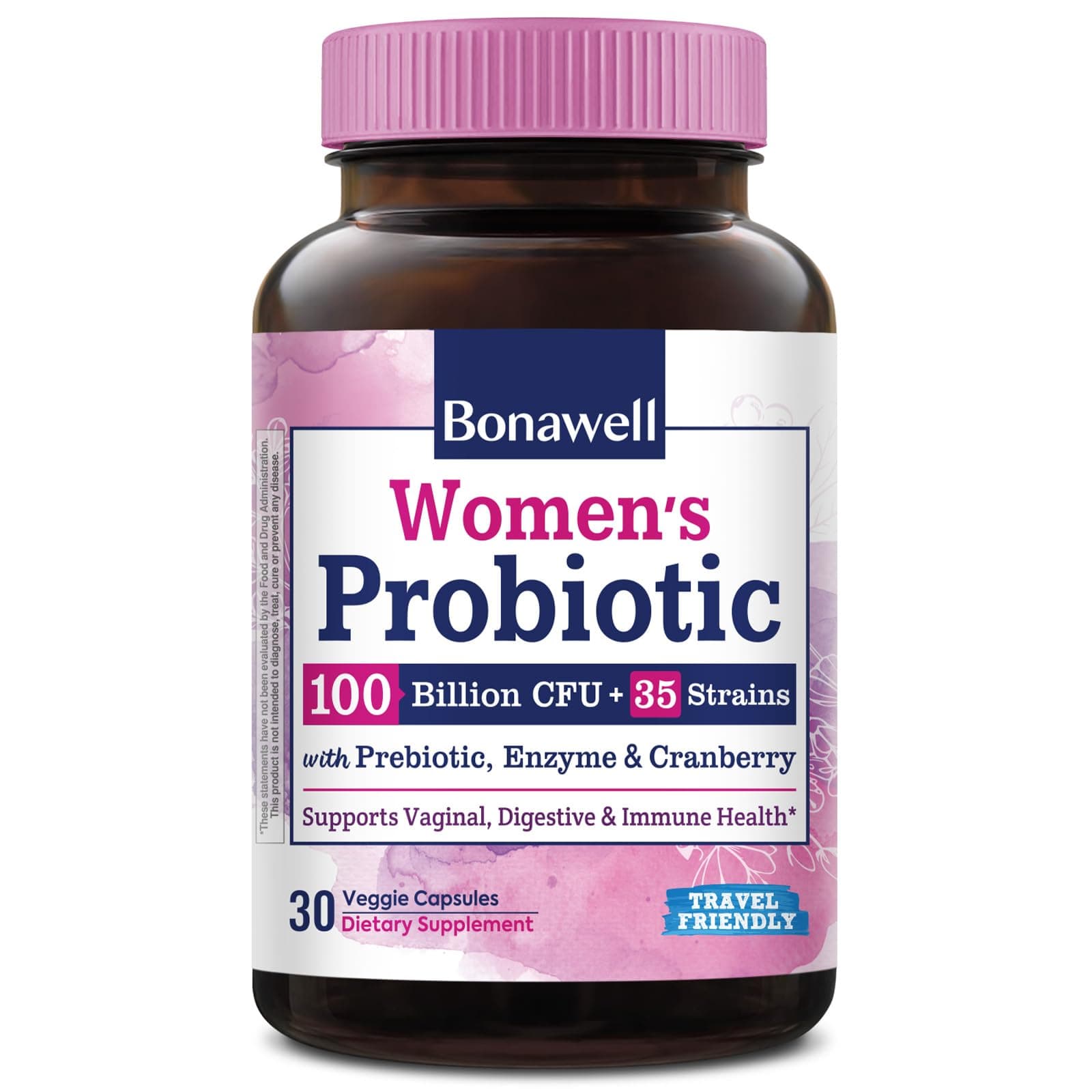 Bonawell Probiotics for Women 100B, with Prebiotics, Digestive Enzymes, Organic Cranberry, Shelf-Stable, 30 Veggie Caps