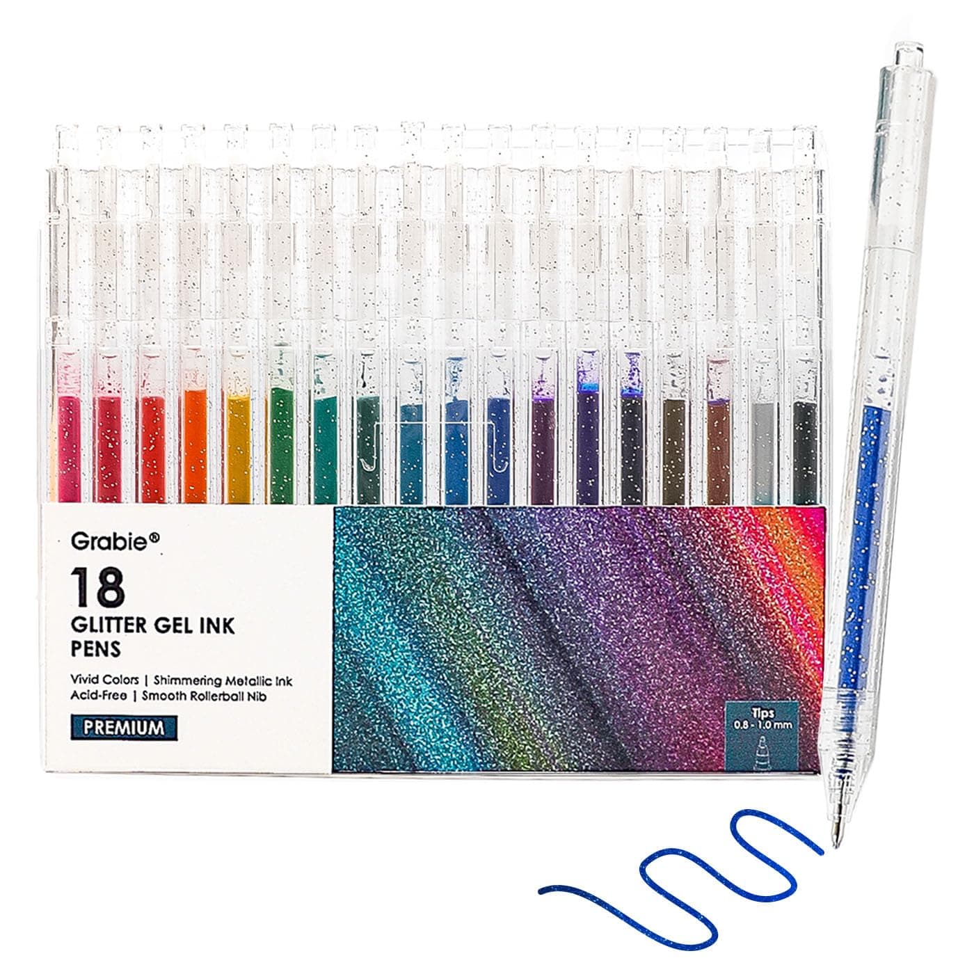 Grabie glitter gel pens 18 Colors,Metallic Vibrant Sparkle gel pens for coloring,Retractable Sparkle glitter markers,glitter pens for adults,colored gel pens for Adult Coloring Books and Drawing