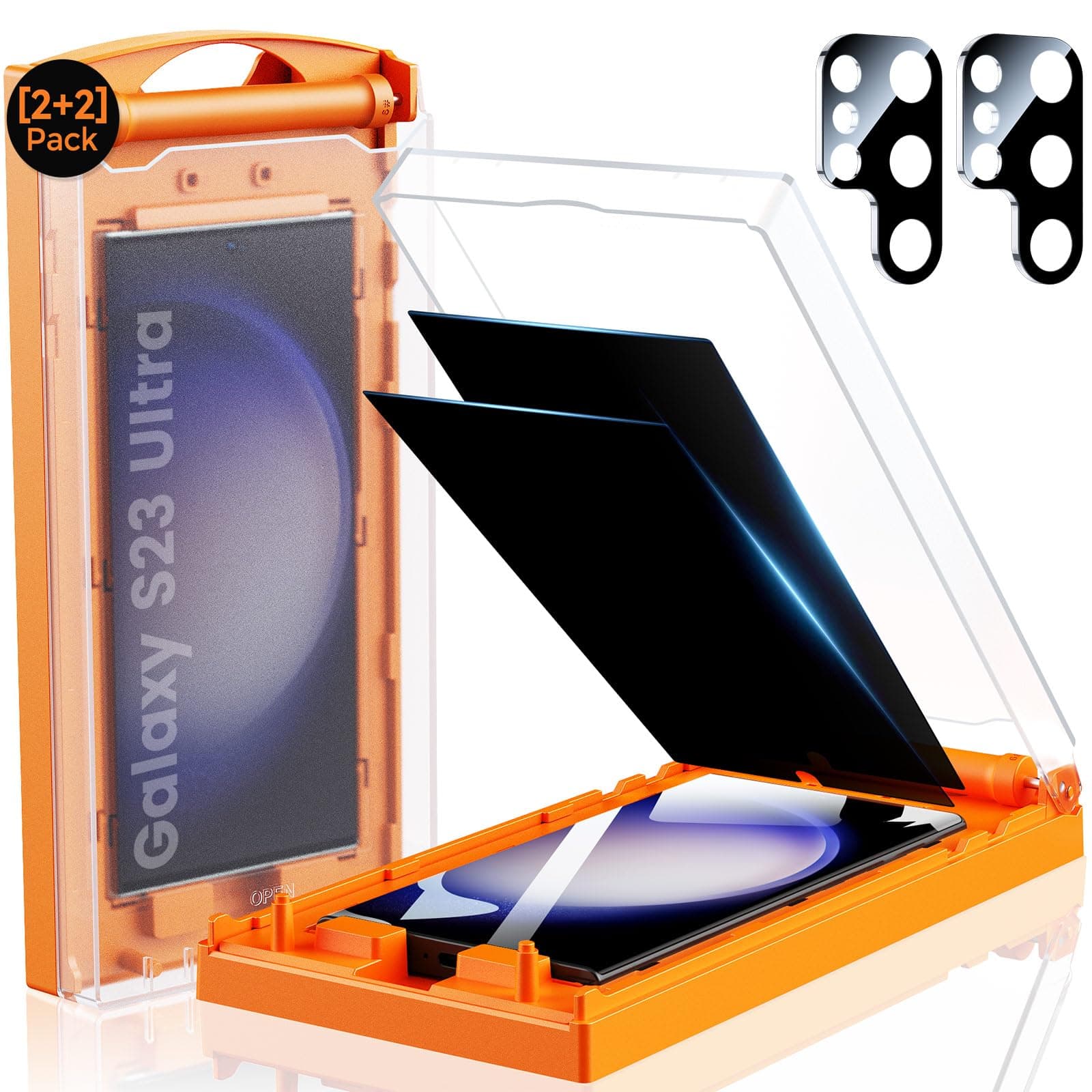 MRGLAS 2+2 Packs for Samsung Galaxy S23 Ultra Privacy Screen Protector 6.8" with Camera Lens Protector [Auto Alignment Cabin/Dust Removal] Anti Spy Film, 100% Fingerprint ID Compatible, Case Friendly