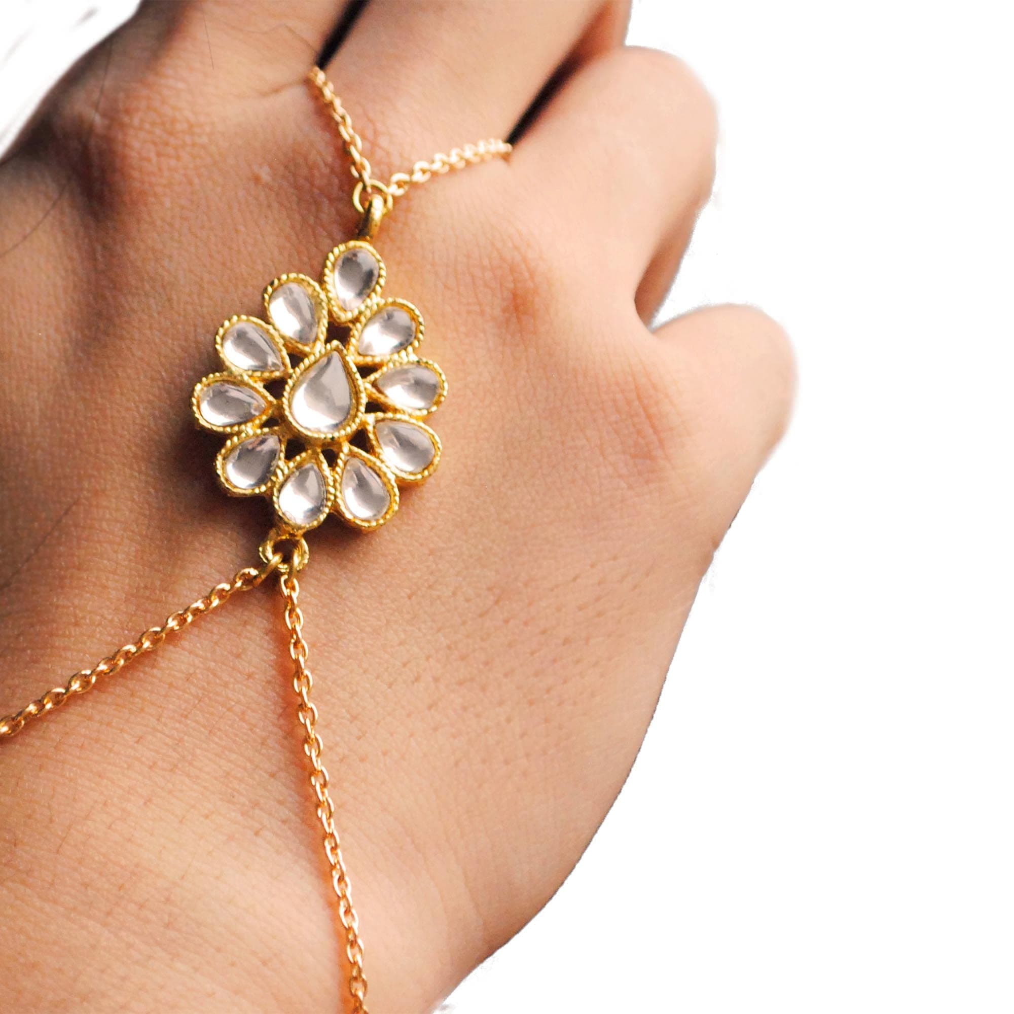 Golden Floral Kundan Hathphool Bracelet Traditional Indian Slave Bracelet Handmade Indian Punjabi Wedding Bridesmaids Ring Bracelet Designer Unique Jewelry Kundan Gold Bracelelt