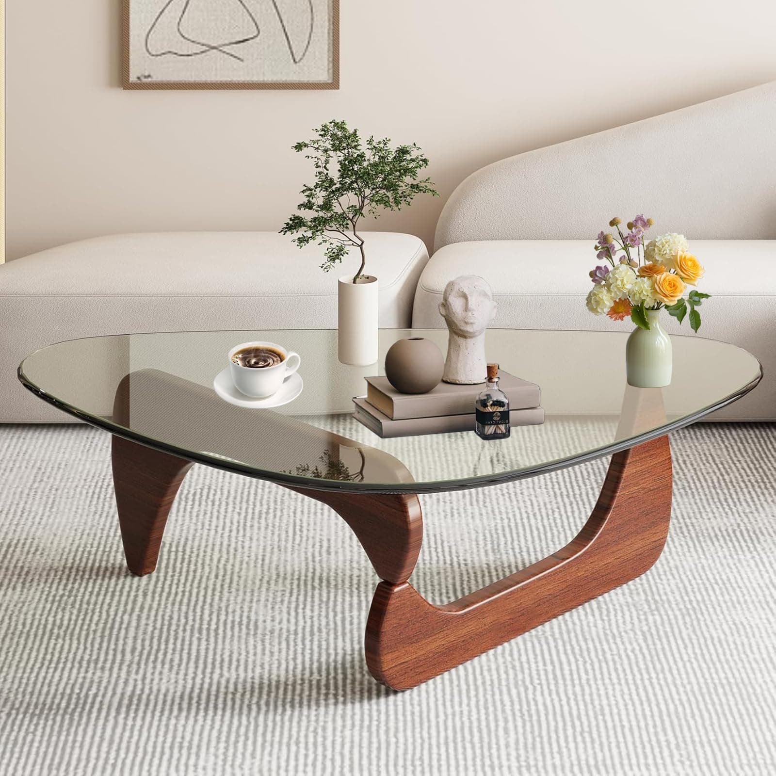 Triangle Coffee Table in Walnut Mid Century Modern Solid Wood Base and Triangle Clear Glass Coffee Table for Living Room Low Minimalist Tea Table Coffee Tables