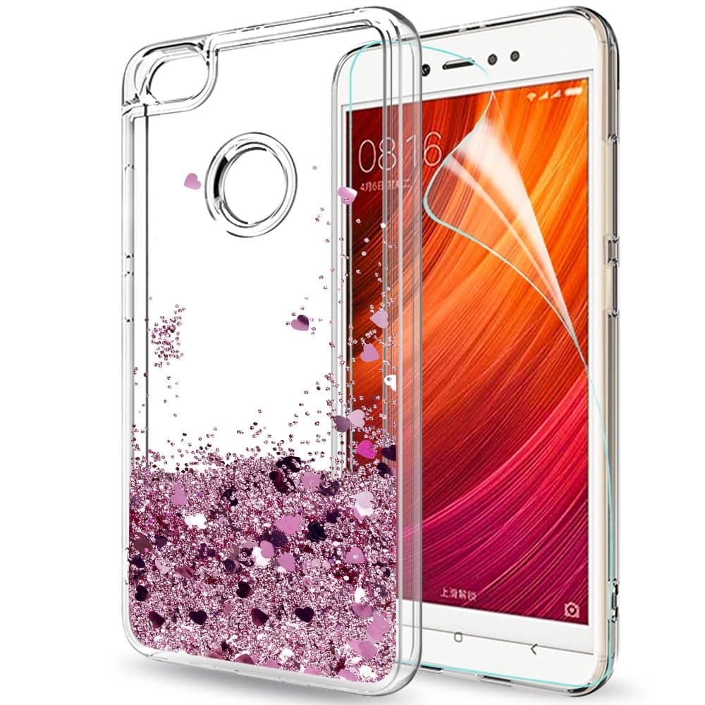 Xiaomi Redmi Note 5A Case with Screen Protector, LeYi Girl Women 3D Glitter Liquid Moving Cute Personalised Clear Transparent Silicone Gel Shockproof Cover for Redmi NOTE 5A 5A Prime Rose Gold (Pink)