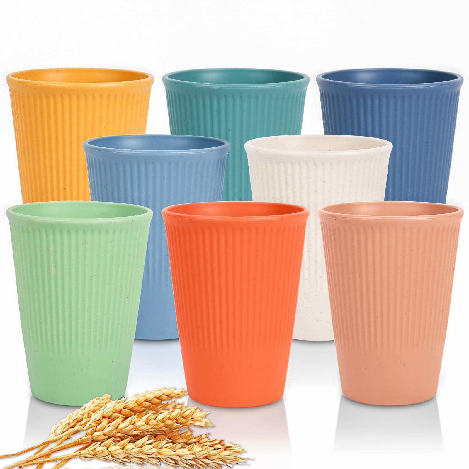 Wheat Straw Cup Unbreakable and Reusable Drinking Cups Eco-Friendly Healthy Tumbler Set for Milk Juice and Water Dishwasher Safe (8 Pcs 12OZ)