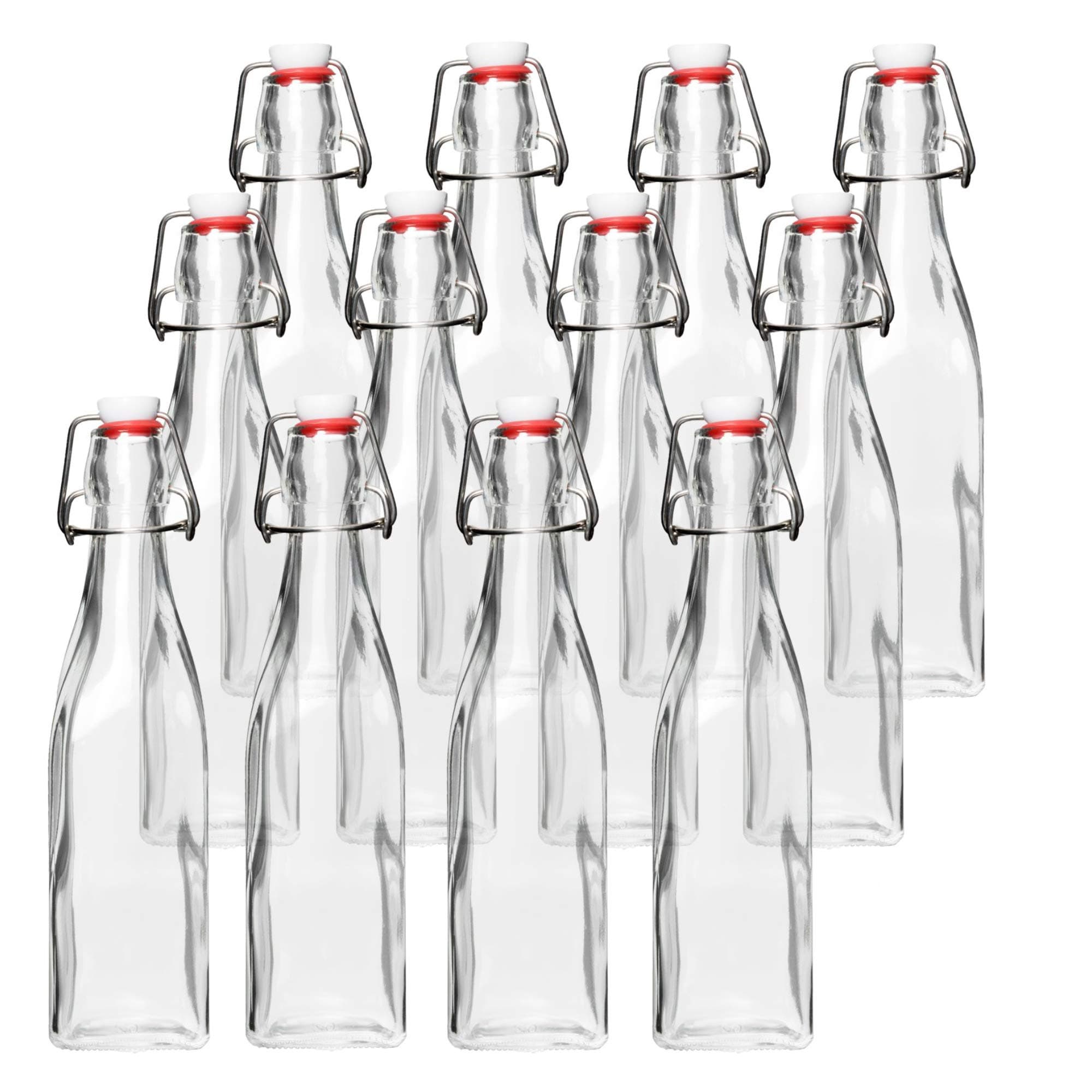 Barcaloo8.5 Ounce Clear Flip Top Glass Bottle for Home Brewing - Swing Top Glass Bottles for Beer, Kombucha, Soda, Juice, Fermentation, Square 12 Pack with Stopper and Funnel