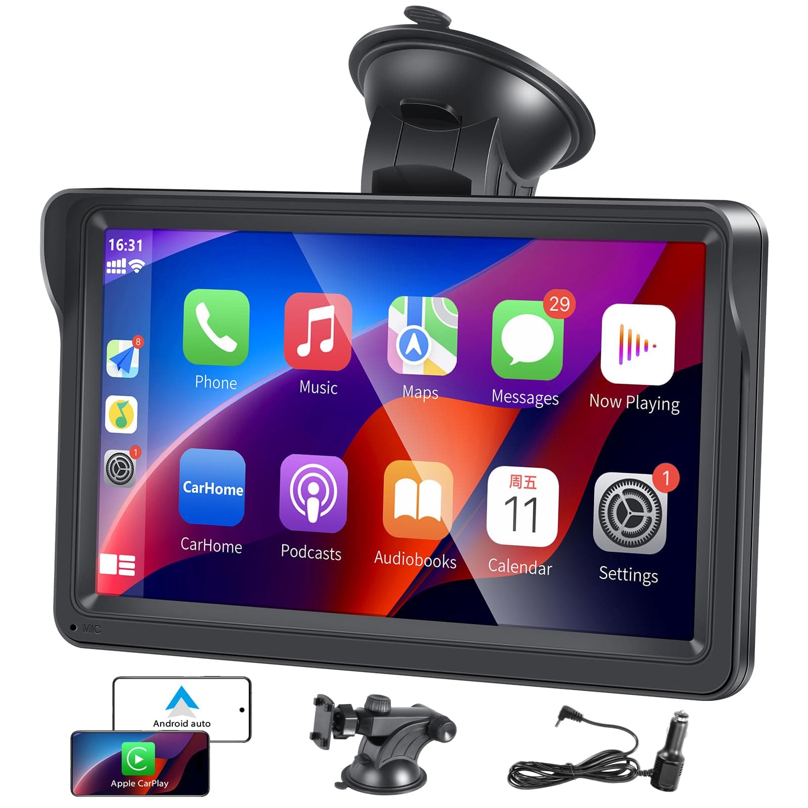 hexahedron Car Play Screen, Newest Portable Wireless Carplay & Android Auto, Car Stereo Display, 7‘ HD IPS Touchscreen, Car Radio with BT Hands-Free Calling/Mirror Link/Air Play/Siri/USB/TF/AUX/FM