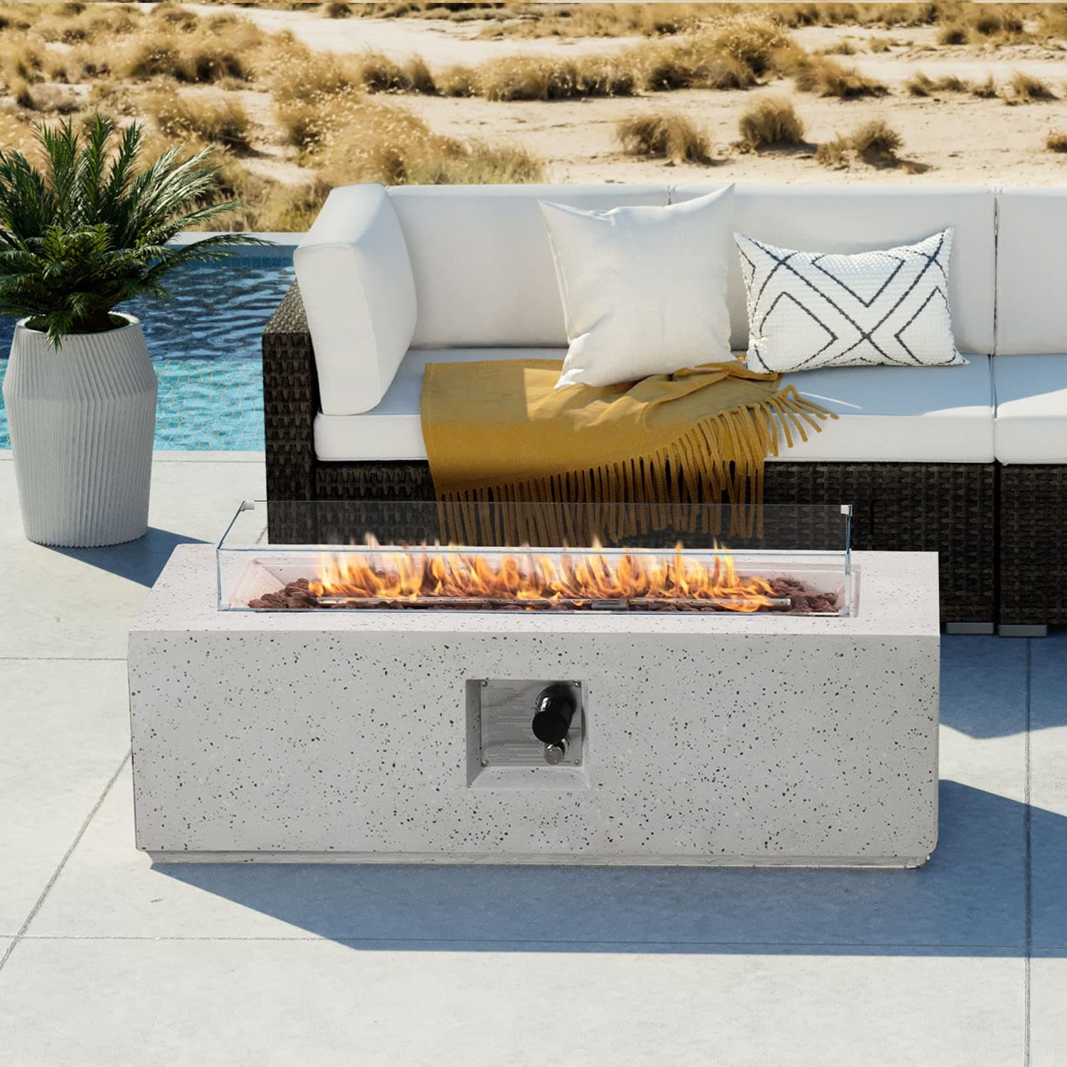 Outdoor Propane Fire Pit Coffee Table, 42-inch x 13-inch Terrazzo Rectangle Base Patio Heater w Certified, 50,000 BTU Stainless Steel Burner, Wind Guard, Free Lava Rocks and Rain Cover