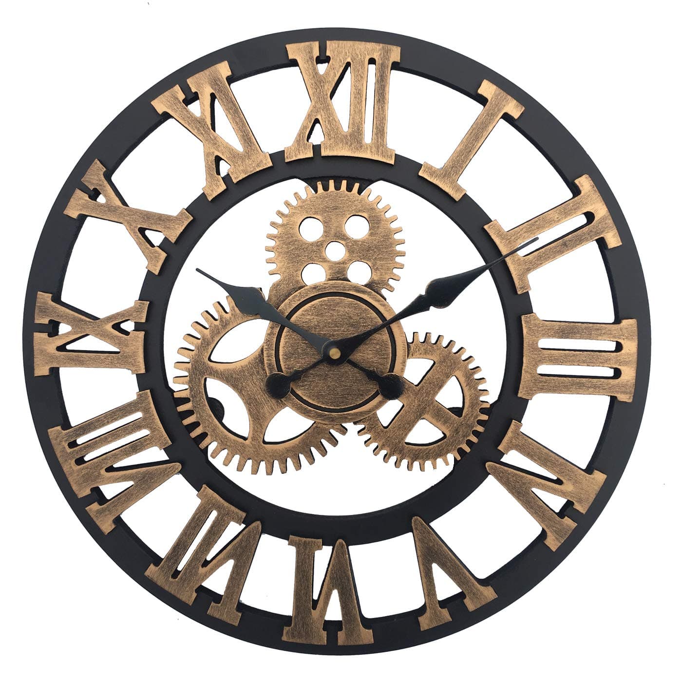 Vintage Industrial Gear Wall Clock，18 Inch Round 3D Roman Numerals Retro Rustic Battery Operated Non-Ticking Large Art Home Decoration for Living Room (18 inch Diameter, Antique Gold)