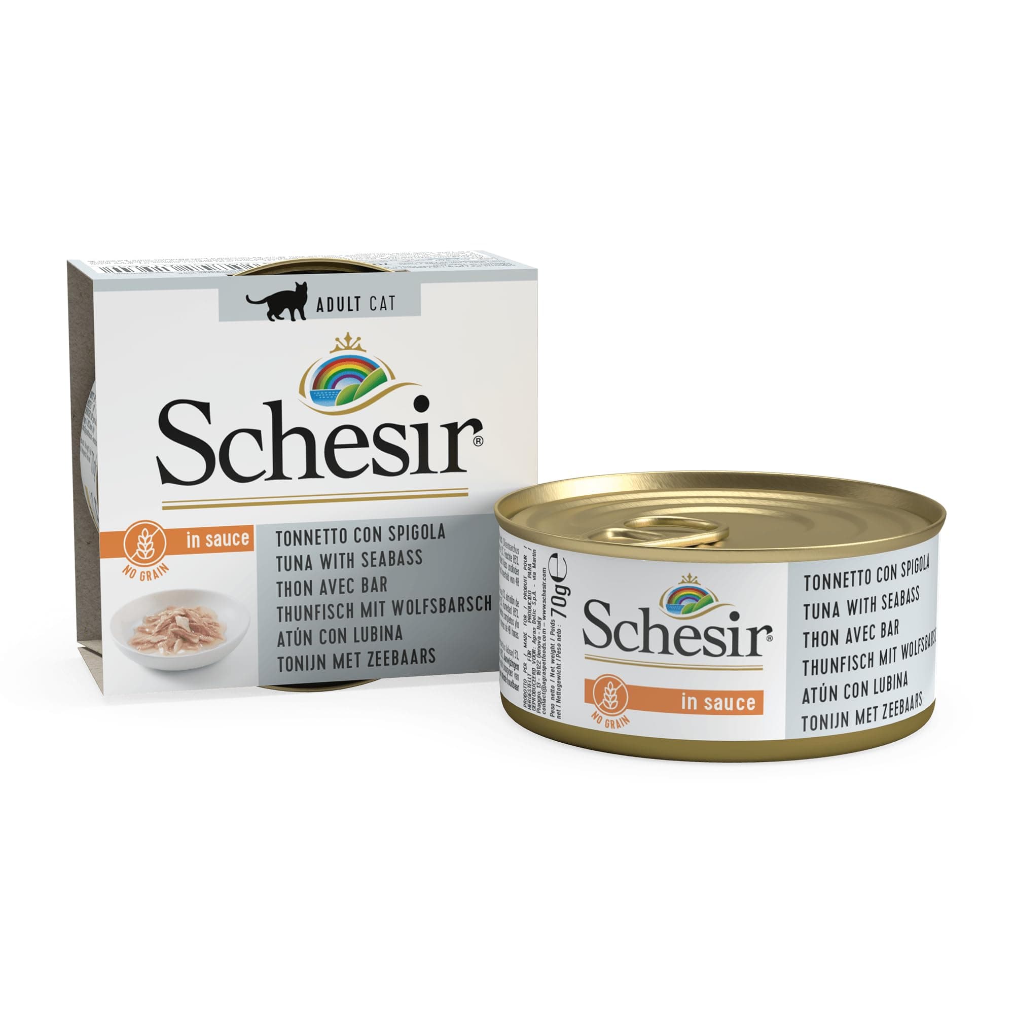 SchesirCAT In salsa naturale con tonno e spigola 70gr - Mangimi umidi per gatti