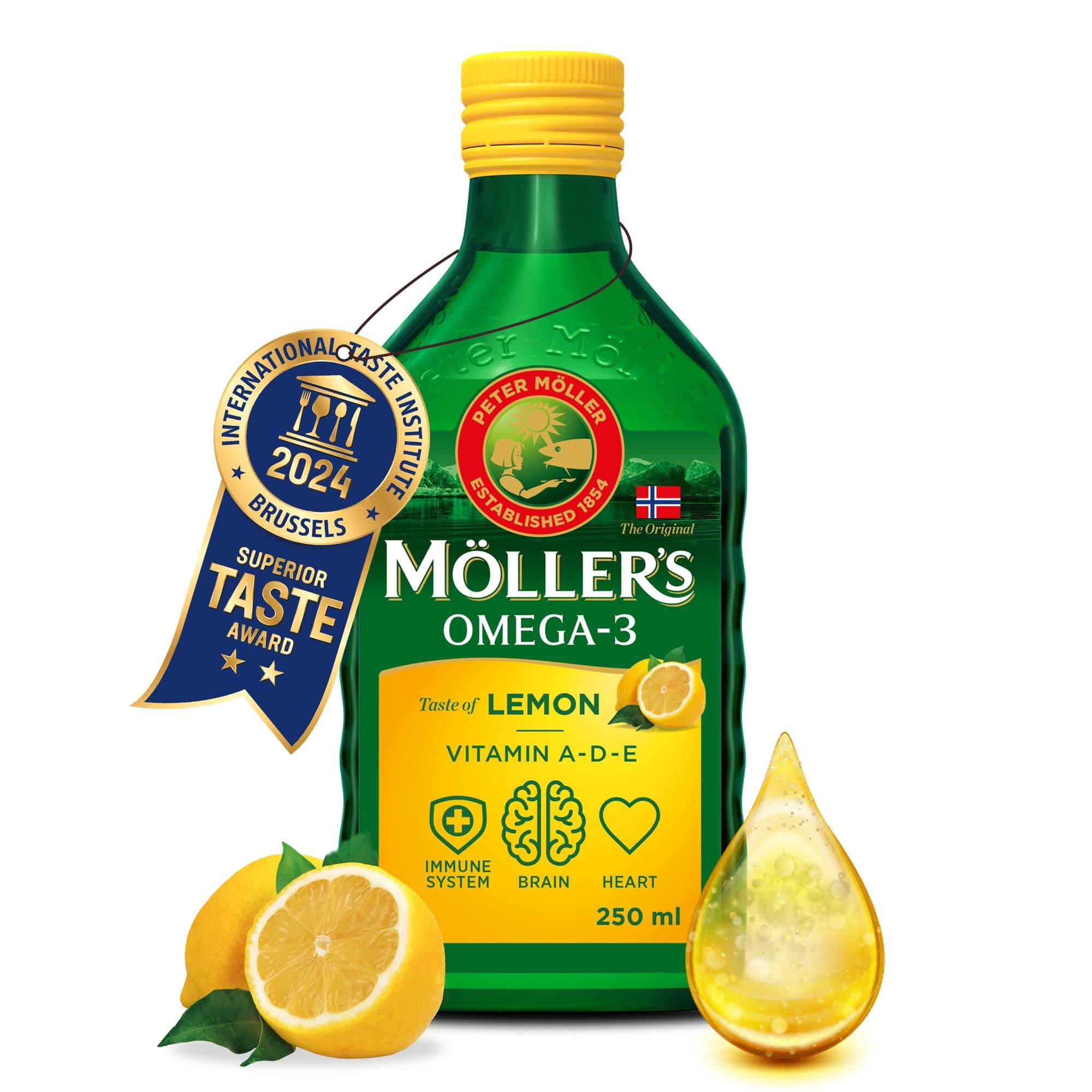 Moller’s ® | Omega 3 Cod Liver Oil | Omega-3 Dietary Supplements with EPA, DHA, Vitamin A, D and E | Superior Taste Award | Pure & Natural cod Liver Oil | Lemon | 250 ml