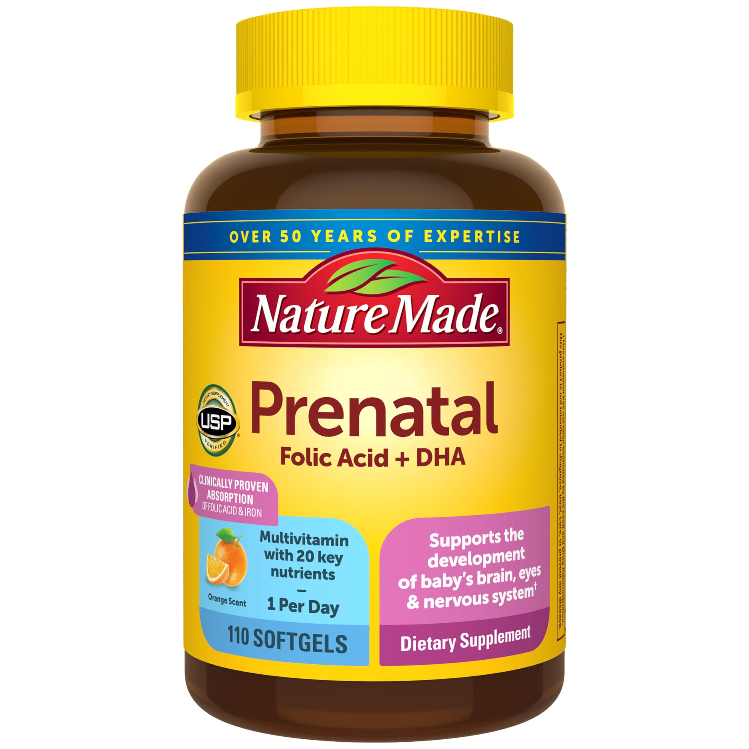 Nature Made Prenatal Vitamins for Women with Folic Acid + DHA, Prenatal Vitamin and Mineral Supplement for Daily Nutritional Support, 110 Softgels, 110 Day Supply
