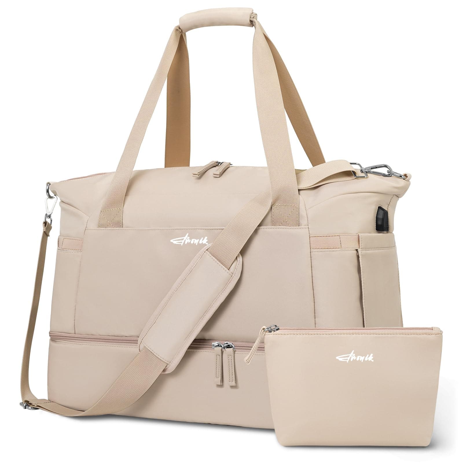 Gym Bag for Women, Personal Item Travel Bag with Shoes Compartment, Weekender Overnight Duffel Bag with Wet Pocket & USB Charging Port, Carry On Bag for Women, Travel, Gym, Weekend (Khaki)