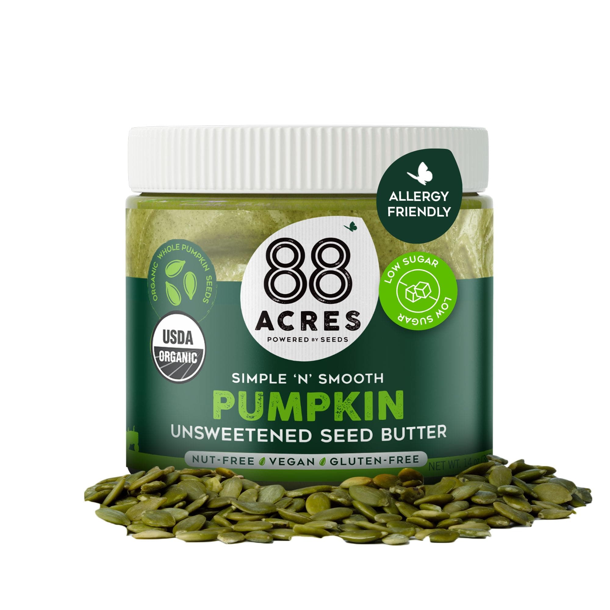 88 Acres Organic Pumpkin Seed Butter | Unsweetened | Keto-Friendly, Gluten Free, Dairy Free, Nut-Free Seed Butter Spread | Vegan & Non GMO | 2 Pack, 14 oz