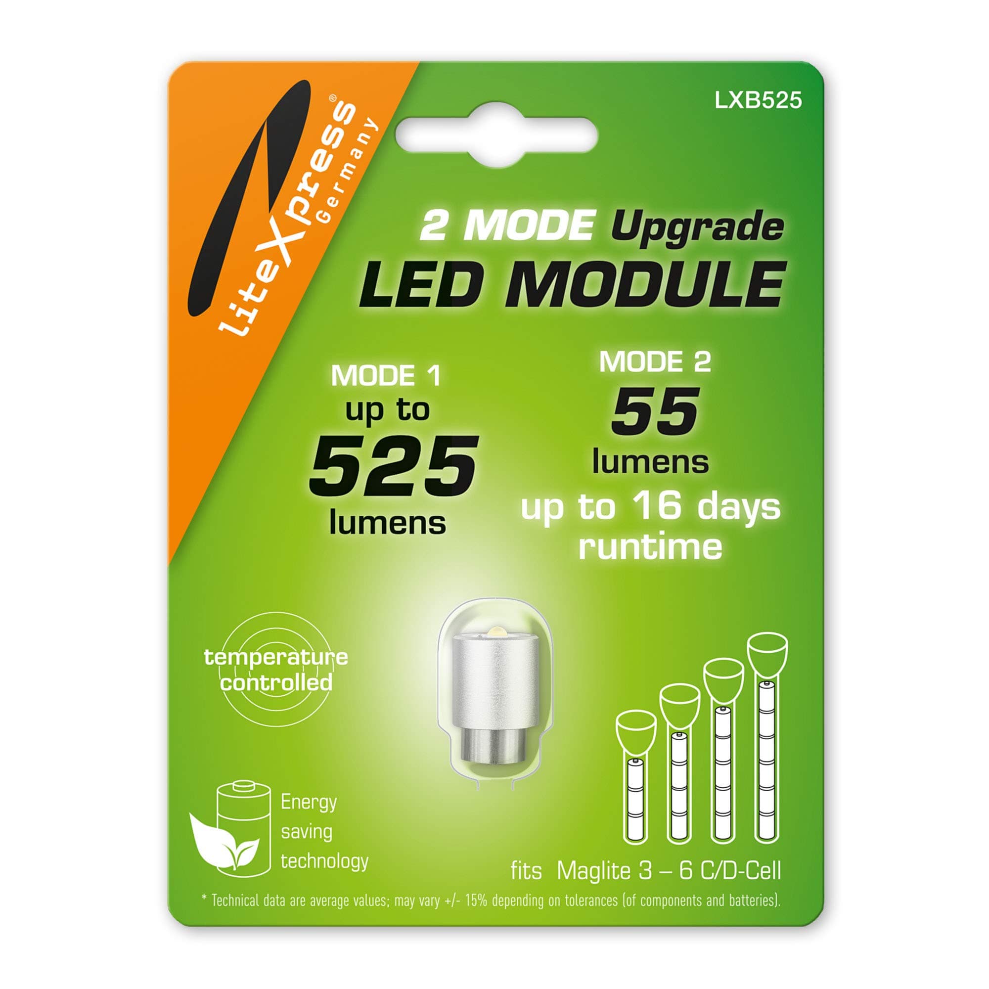 LiteXpress LXB525 2 Mode LED Upgrade Module 525 or 55 Lumen for 3-6 C/D Cell Maglite Torches