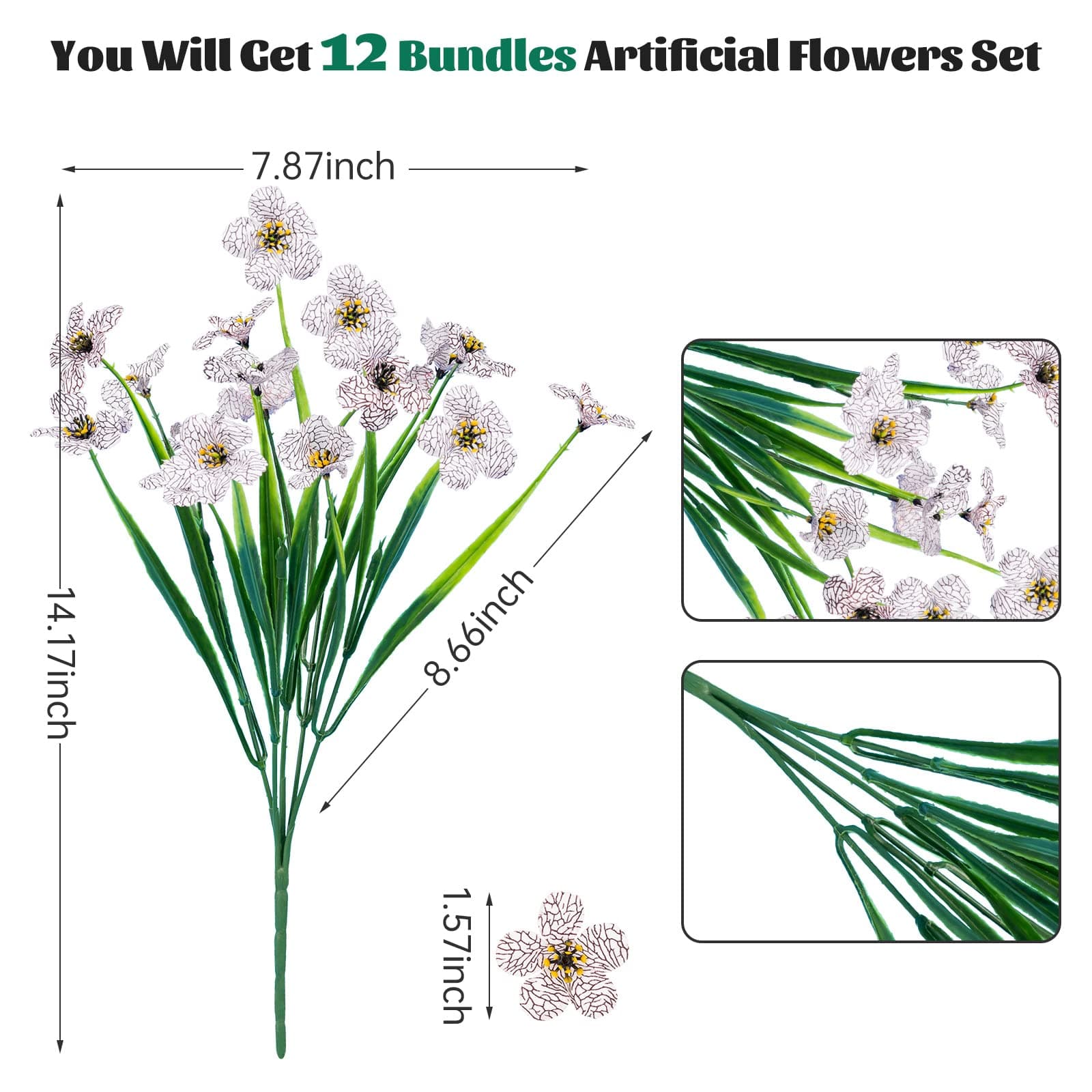 Lnoicy 12 Pcs Artificial Flowers for Outdoor,Plastic Flowers Decoration, UV Resistant Faux Flowers Shrubs, Artificial Plants for Indoor Outside Garden Home Wedding Farmhouse(White)