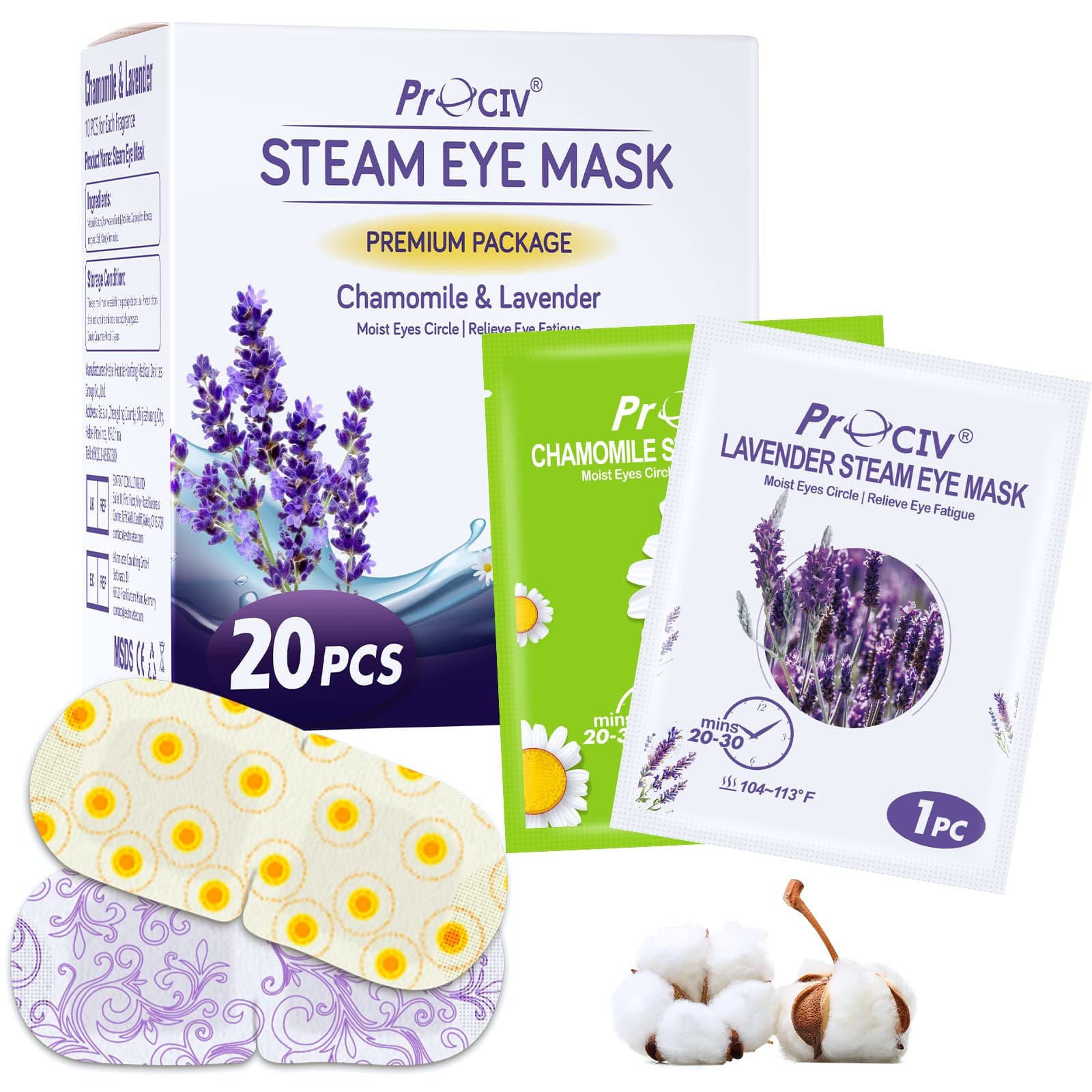 20 Packs Eye Masks for Dark Circles and Puffiness Disposable Soothing Headache Relief Dry Eyes, Stress Relief Relief Eye Fatigue Steam Eye Masks 10 Lavender + 10 Chamomile