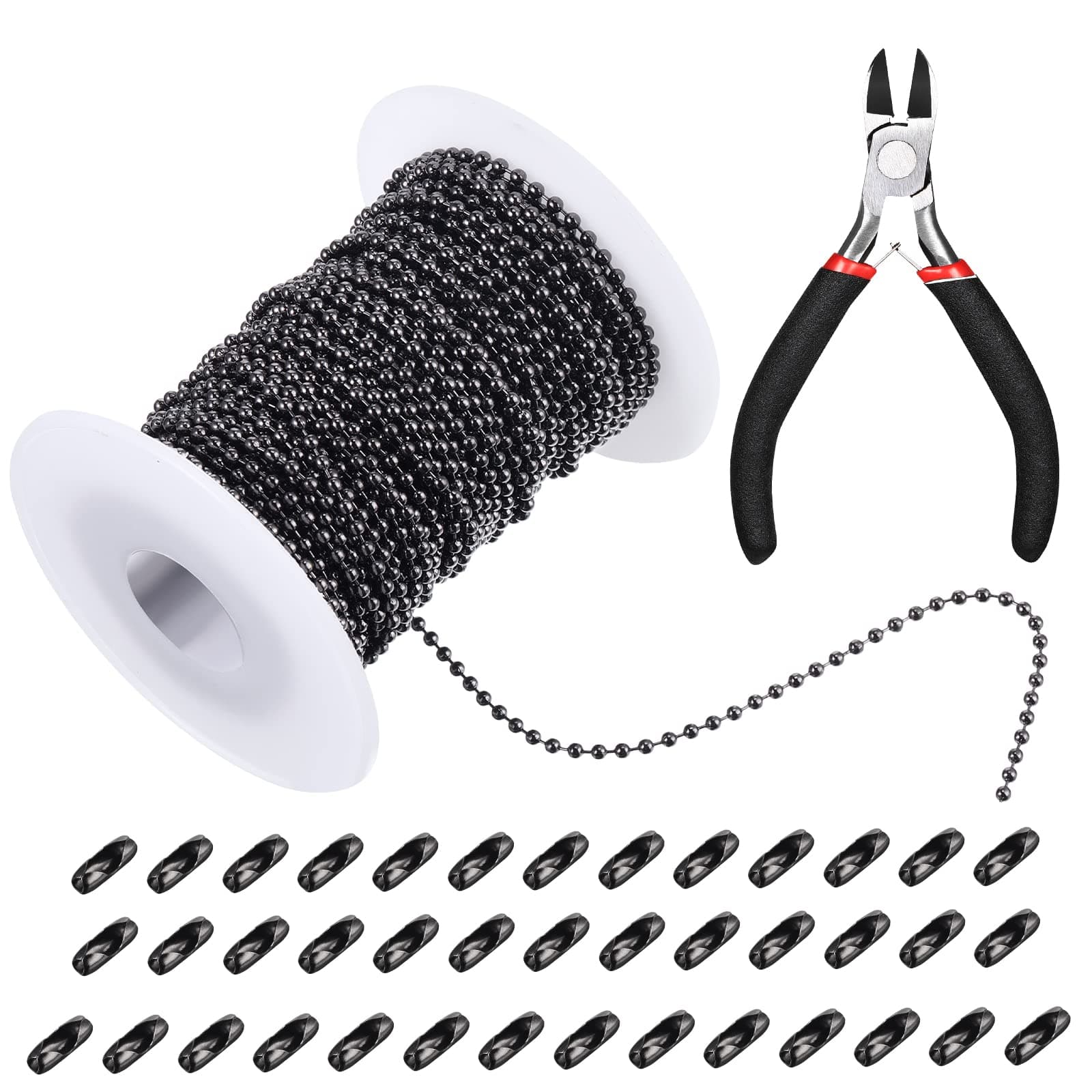 Mudder 65 ft Ball Necklace Chains, 2. 4mm Bead Link Dog Tag Chain Roll with 40 Ball Connectors and Plier for Necklace Hanging Ornament Key Chain Dog Pet Tags(Black)