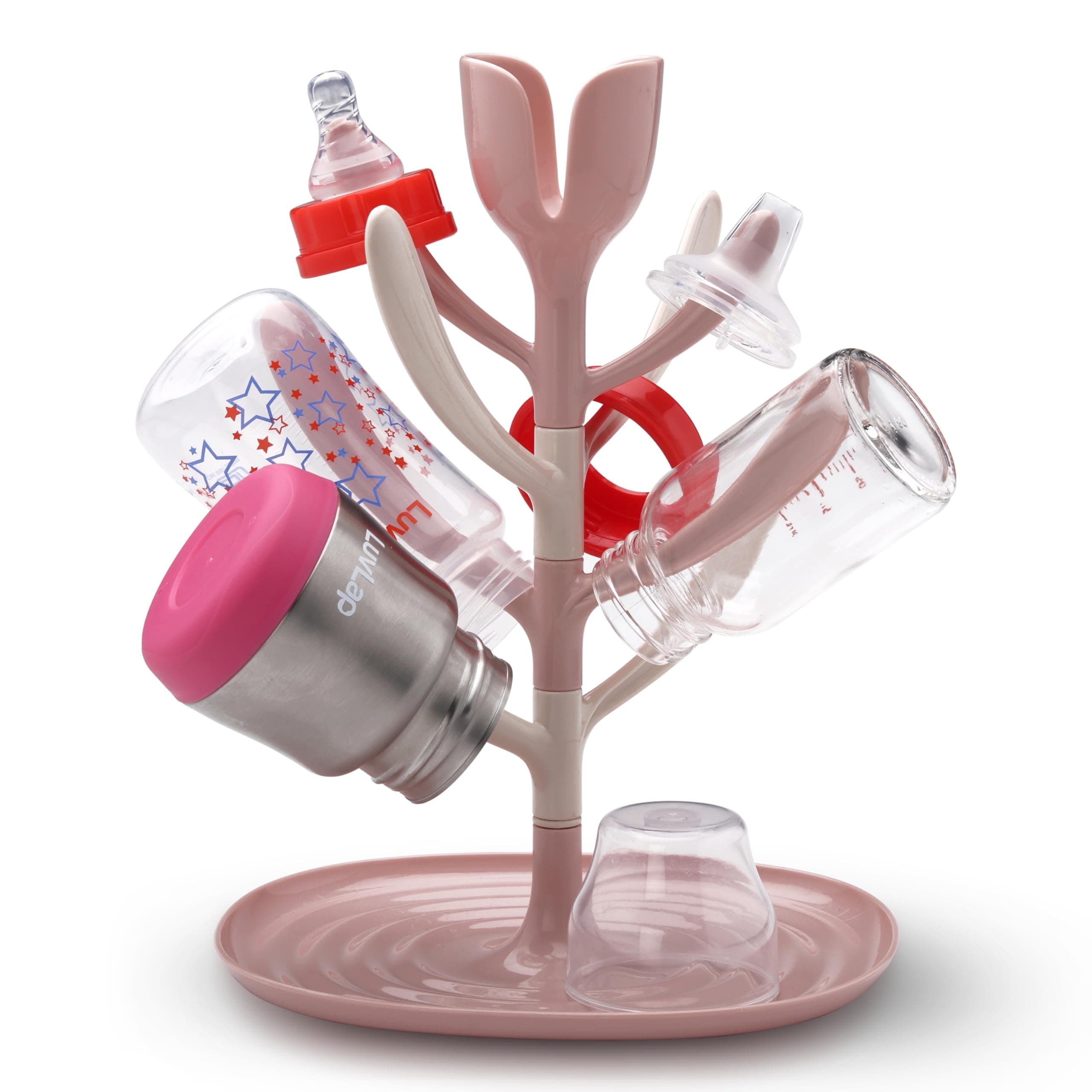 Baby Bottle Drying Rack, 360° rotatable, high capacity, compact, space saving, portable bottle dryer with nipple holder, Suitable for sipper cups, breast pump parts & feeding accessories (Pink)