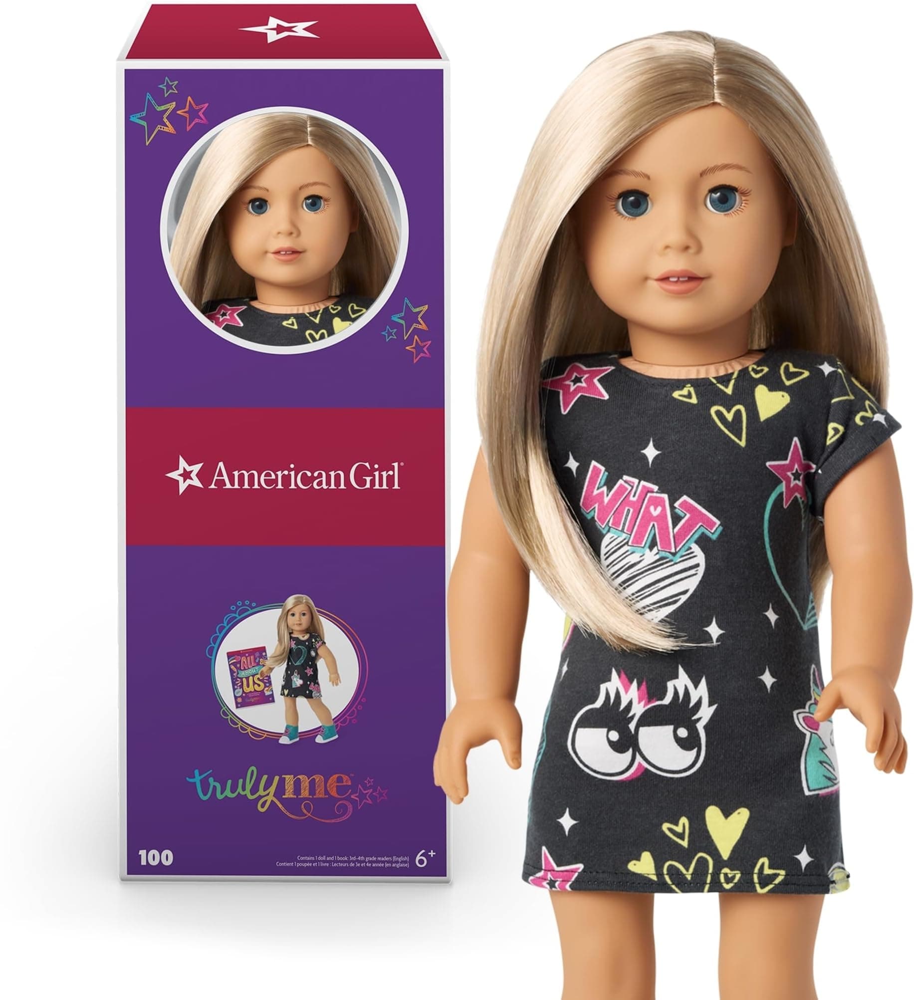 Truly Me 18-Inch Doll 100 with Dark-Blue Eyes, Layered Straight Blonde Hair, Light-to-Medium Skin with Warm Undertones, Black Printed T-Shirt Dress