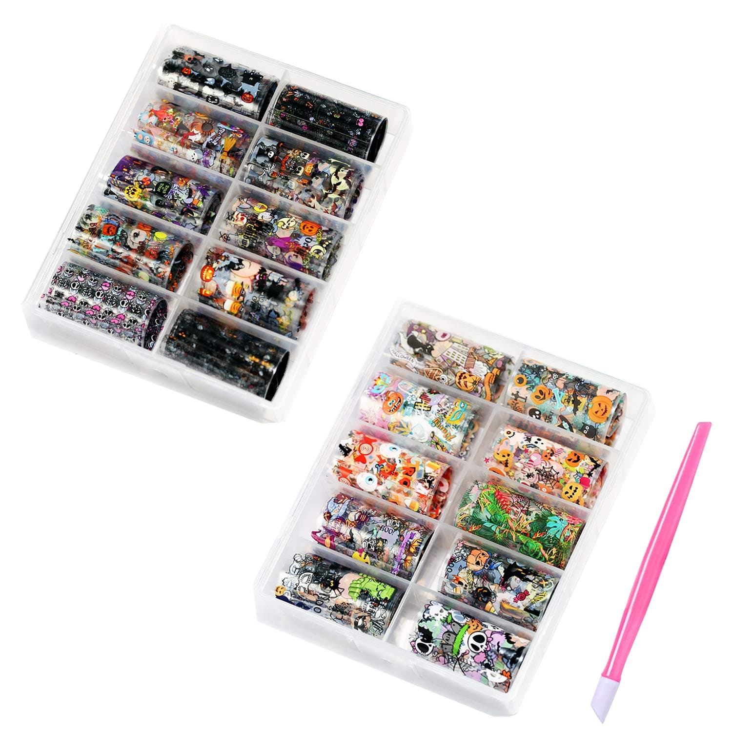 20 Rolls Halloween Nail Art Foil Transfer Stickers with 1 Pc Rubber Cuticle Pusher, Halloween Party Nail Foil Decals Manicure Transfer Tips Nail Art DIY Halloween Party Decoration Kit