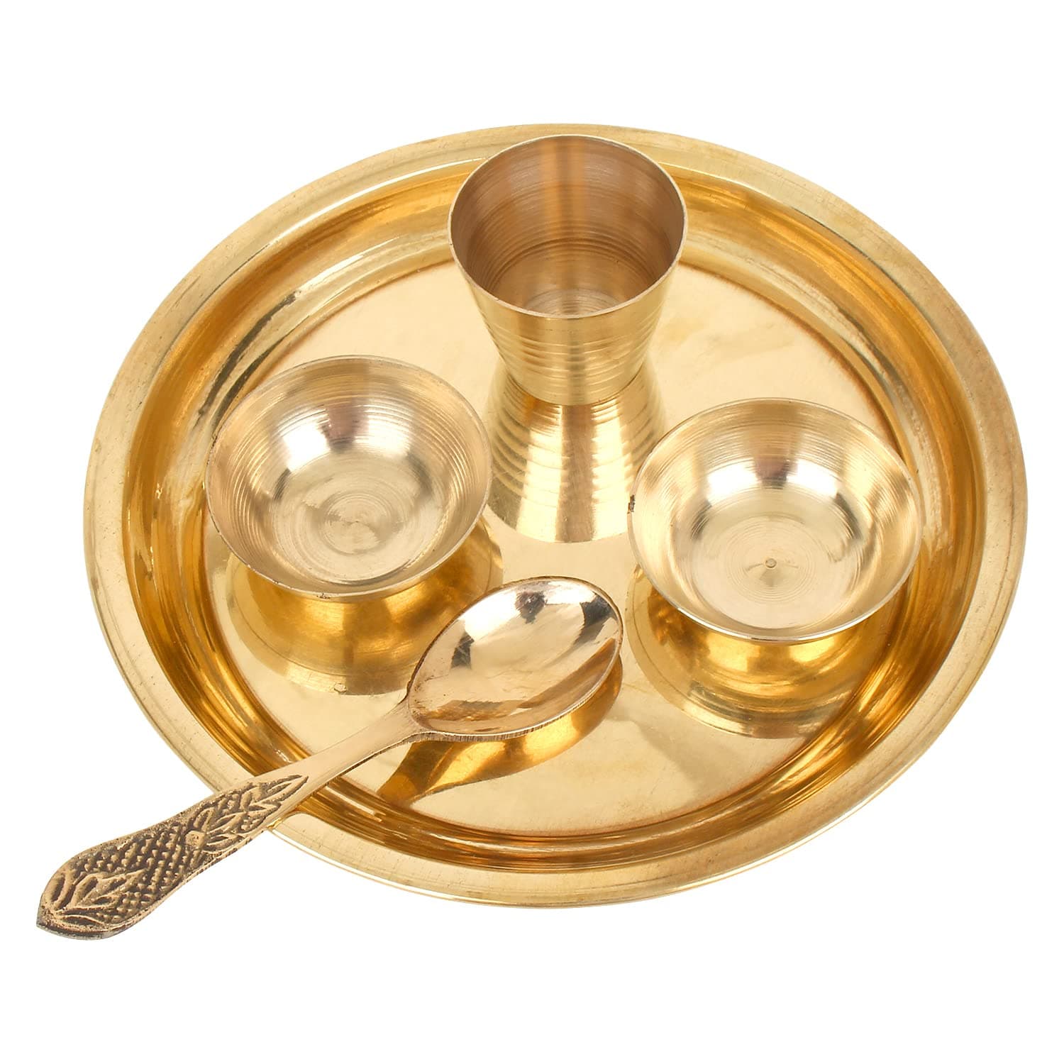 Crafts of IndiaPrasad Bhog Thali Indian Hindu God Rituals Puja Plate. Set of 4 Pieces, (Plate, Katori, Glass, Spoon) for Offering Bhog Prasad to Thakur Ji