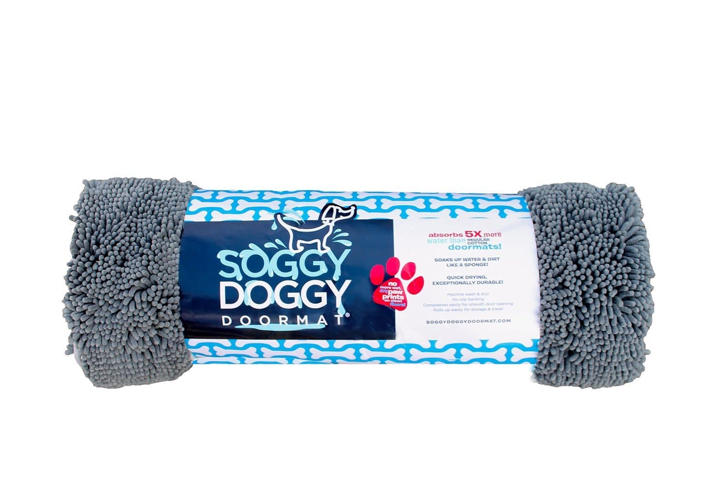 Soggy Doggy Microfiber Chenille Doormat for Wet Dog Paws, 26 x 36 Inch, Large Grey/No Bone