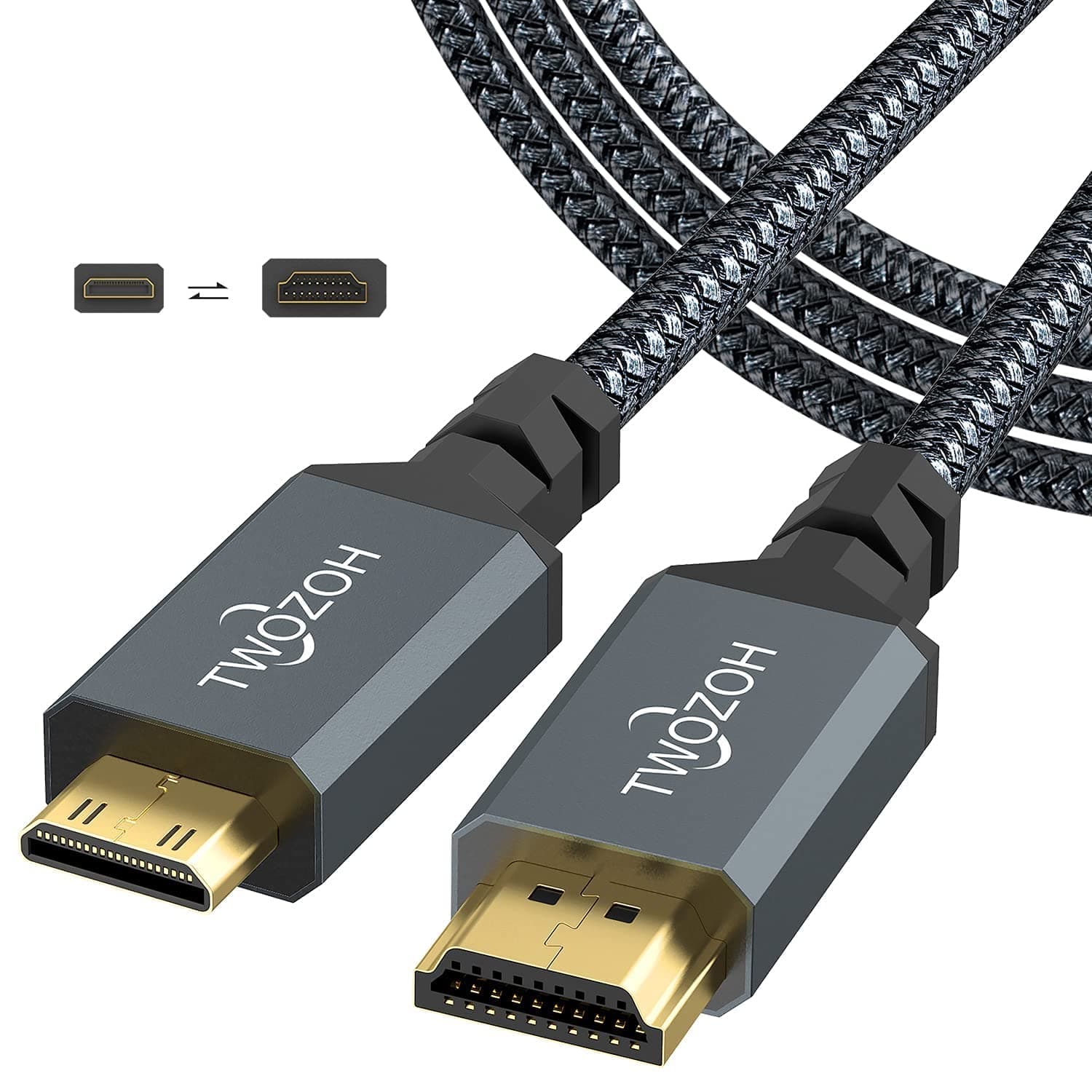 Twozoh Mini HDMI to HDMI Cable 6.6FT, High-Speed HDMI to Mini HDMI Braided Cord Support 3D 4K/60Hz 1080p 720p