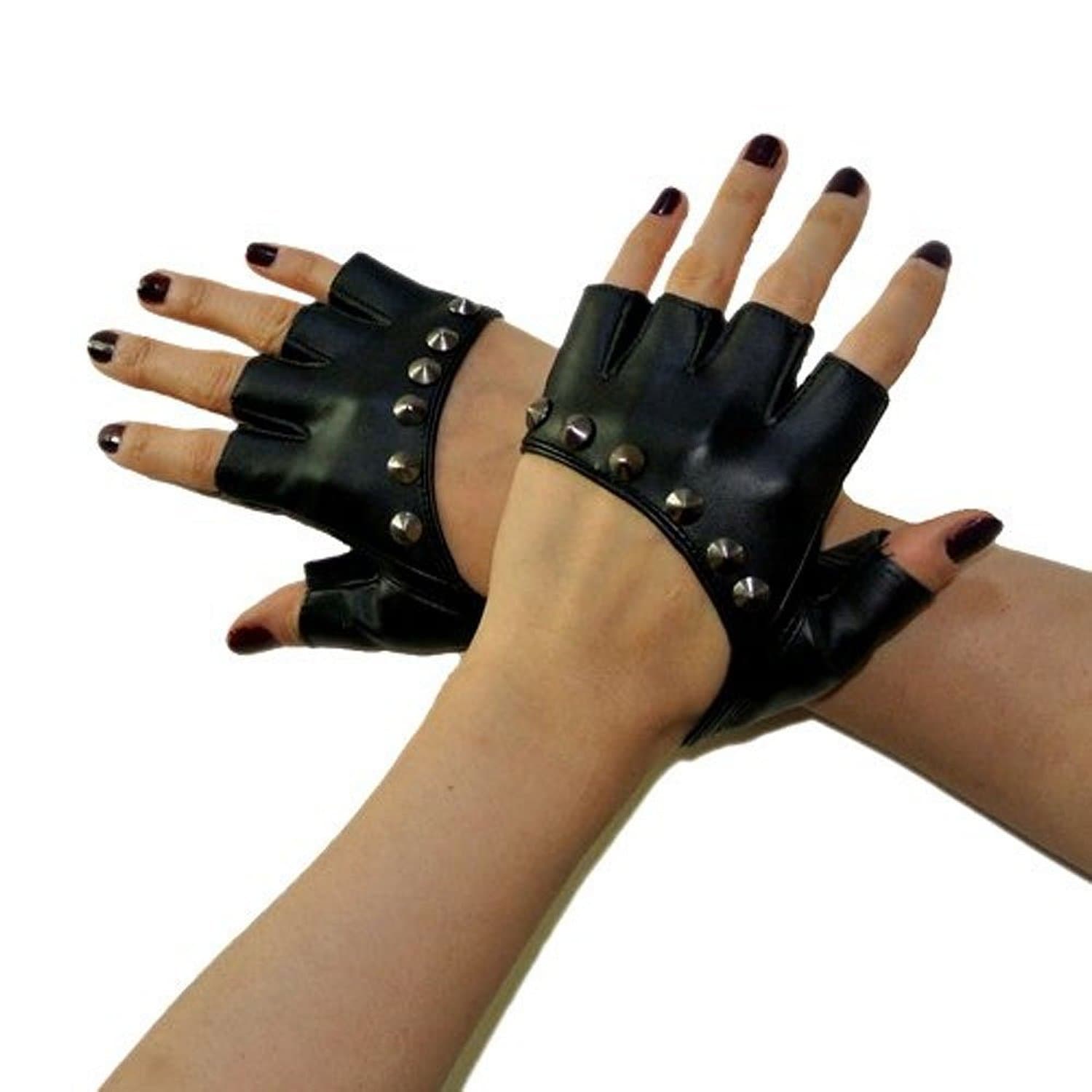 Women's Black Faux Leather Studded Punk Gloves, Free Size, Quantity:1 Pair