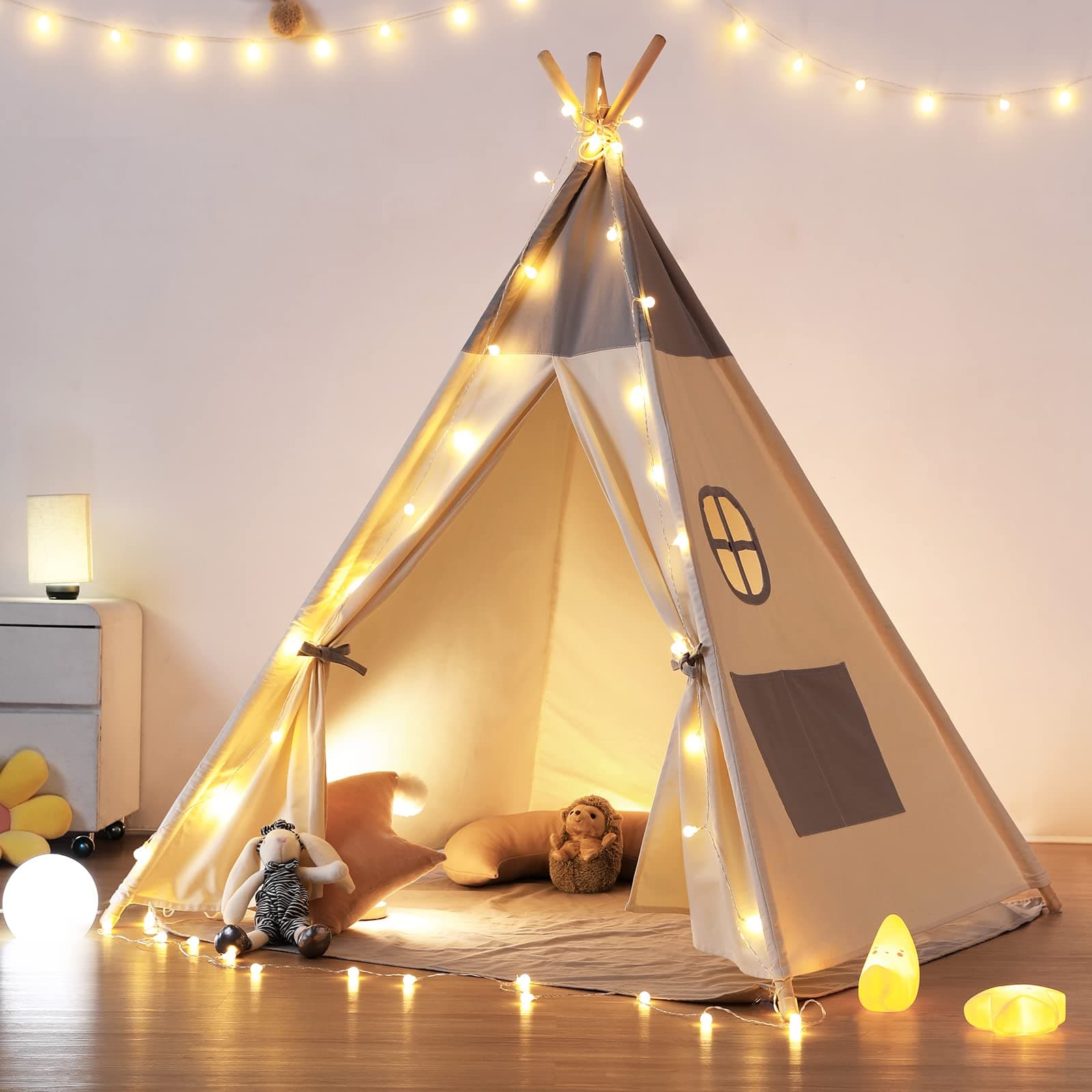 besrey Toddler Tipi Tent,Teepee Tent for Kid,Teepee Kids Tent, Kids Teepee indoor with Mat and Lights, Play tent Cotton Indoor Playhouse for Toddler