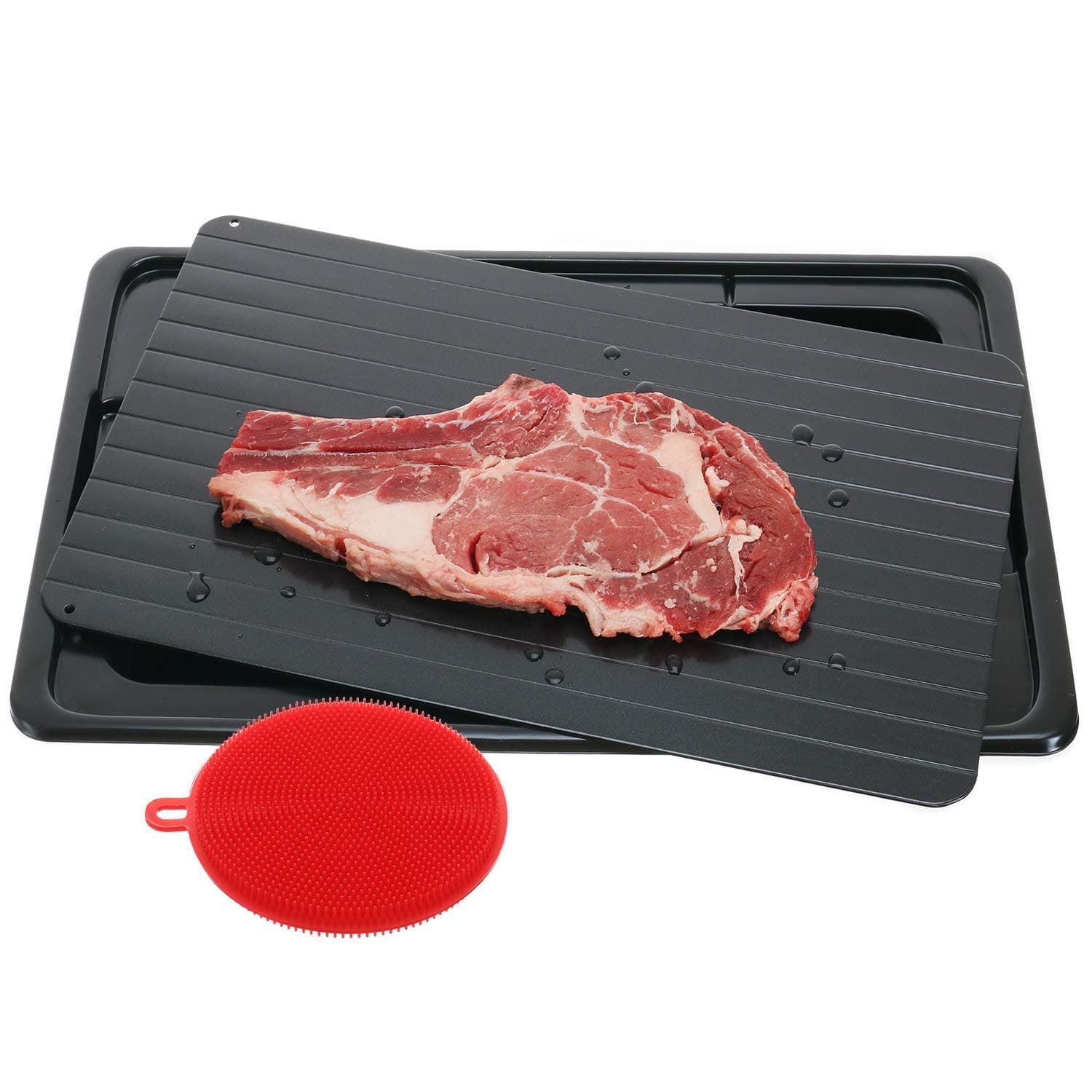 JVSISM Defrosting Tray Frozen Food Thawing Plate For Fast Quick Rapid Meat Defrosting, Chicken, The Safest No Electricity, No Microwave - With Drip Tray & Silicone Sponge Largest Size