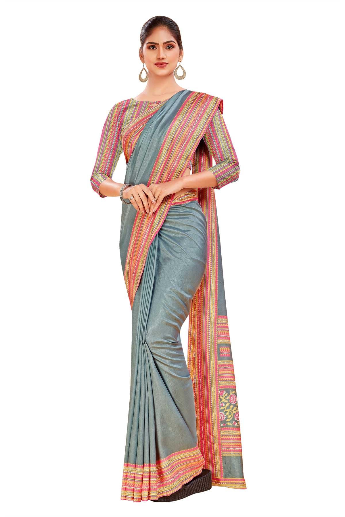Uniform Sarees Corp Grey Women's Premium Mulberry Silk Plain Gaala Border Factory Uniform Sarees With Blouse Piece