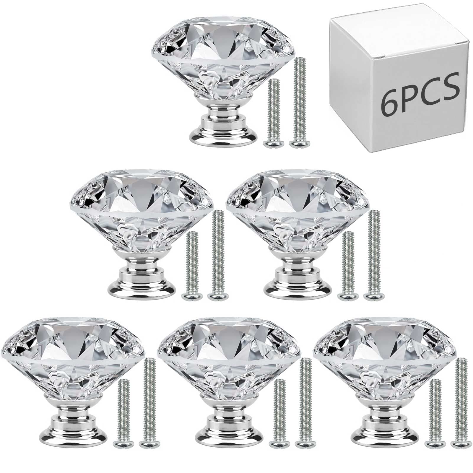 6 PCS Cabinet Knobs with 2 Sizes Screws, 30mm Drawer Handles Crystal Glass Diamond Shaped cupboards Door Knobs for Dresser Drawers and Kitchen, Bathroom Cabinet, Office