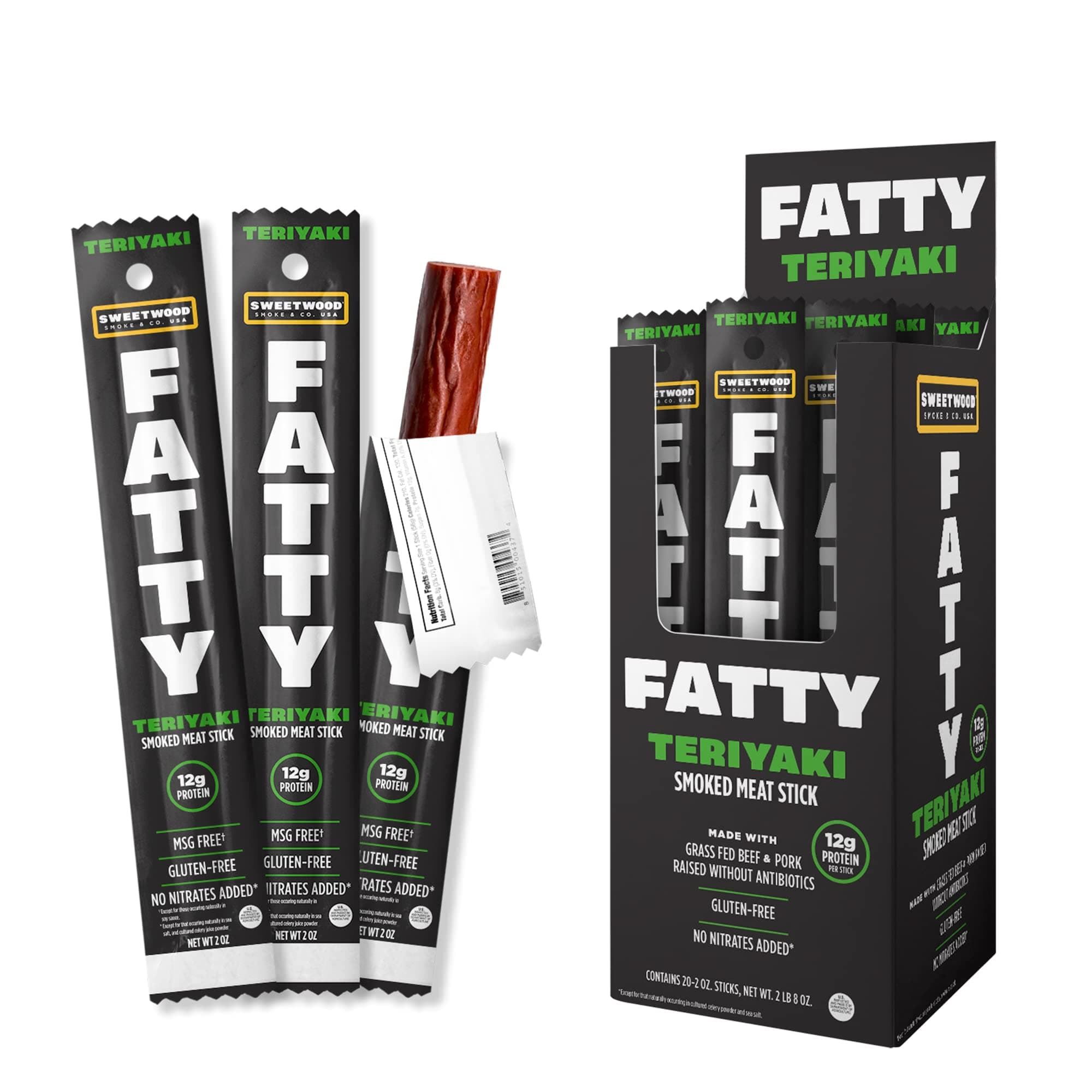 FATTY Meat Sticks, Made with Grass Fed Beef, Pork Raised Without Antibiotics, 12g Protein Per Stick, Teriyaki, Easter Basket Stuffer for Men, 2 oz. (Pack of 20)
