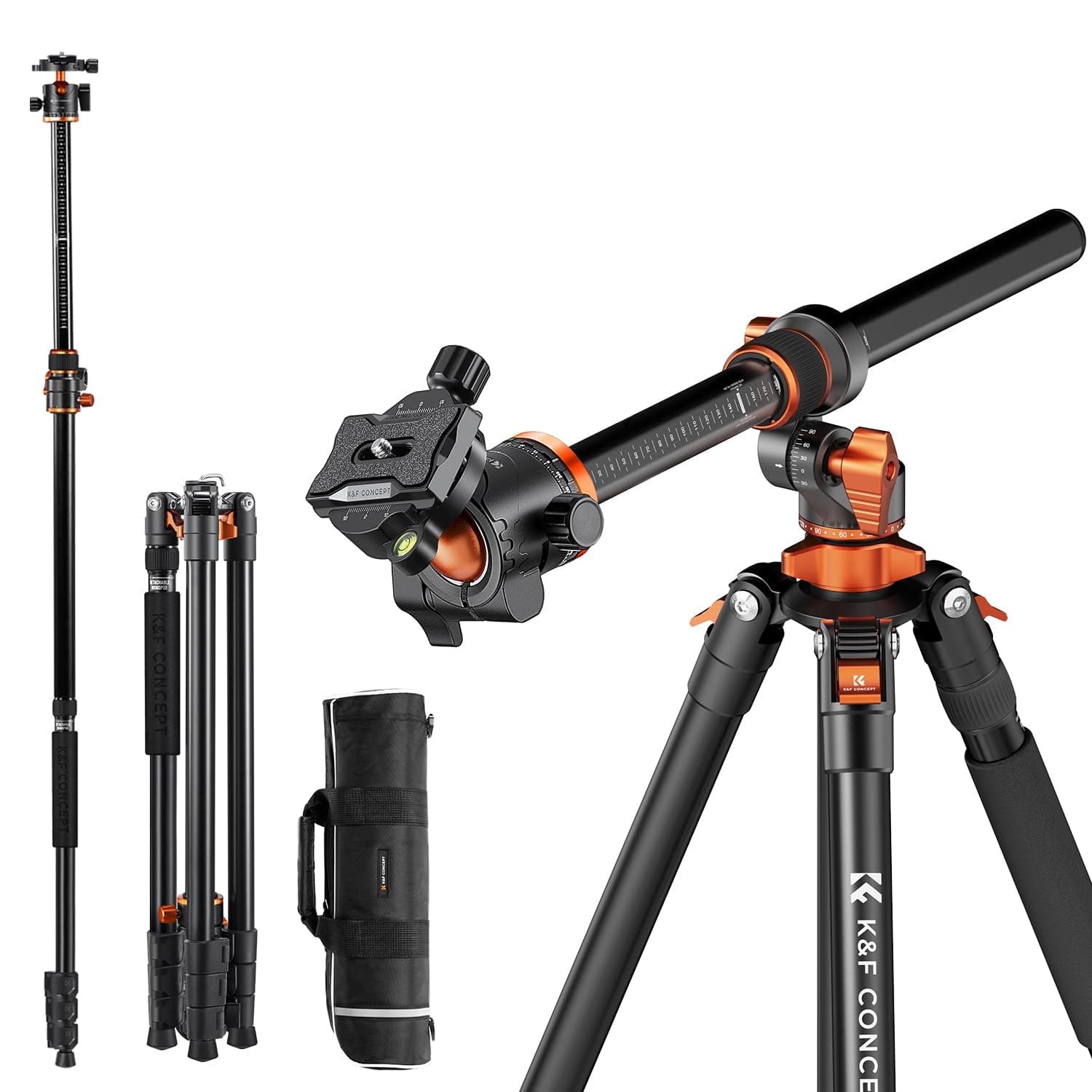 K&F CONCEPT 90"/230cm Horizontal Tripod for Camera, 360° Rotatable and 120° Tilt Horizontal Arm Overhead Material Tripod with Ball Head, Detachable Monopod, Arca Type QR Plate, 10KG Load Capacity